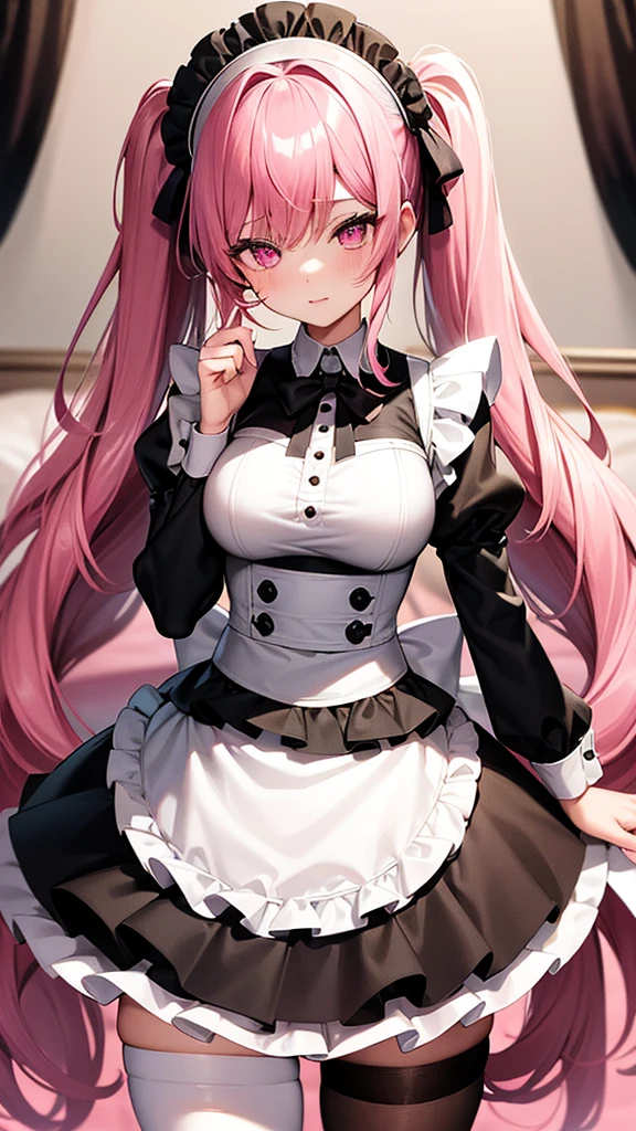 (Highest quality,High resolution,Very detailed,girl)black tights,Pink Hair,height: 160cm,cute,Pink Eyes,Wearing maid uniform,Twin tails,Big Breasts,Her eyes are white and shining,Has bright white eyes,looks very shy,Cat ears grow,tail is growing,