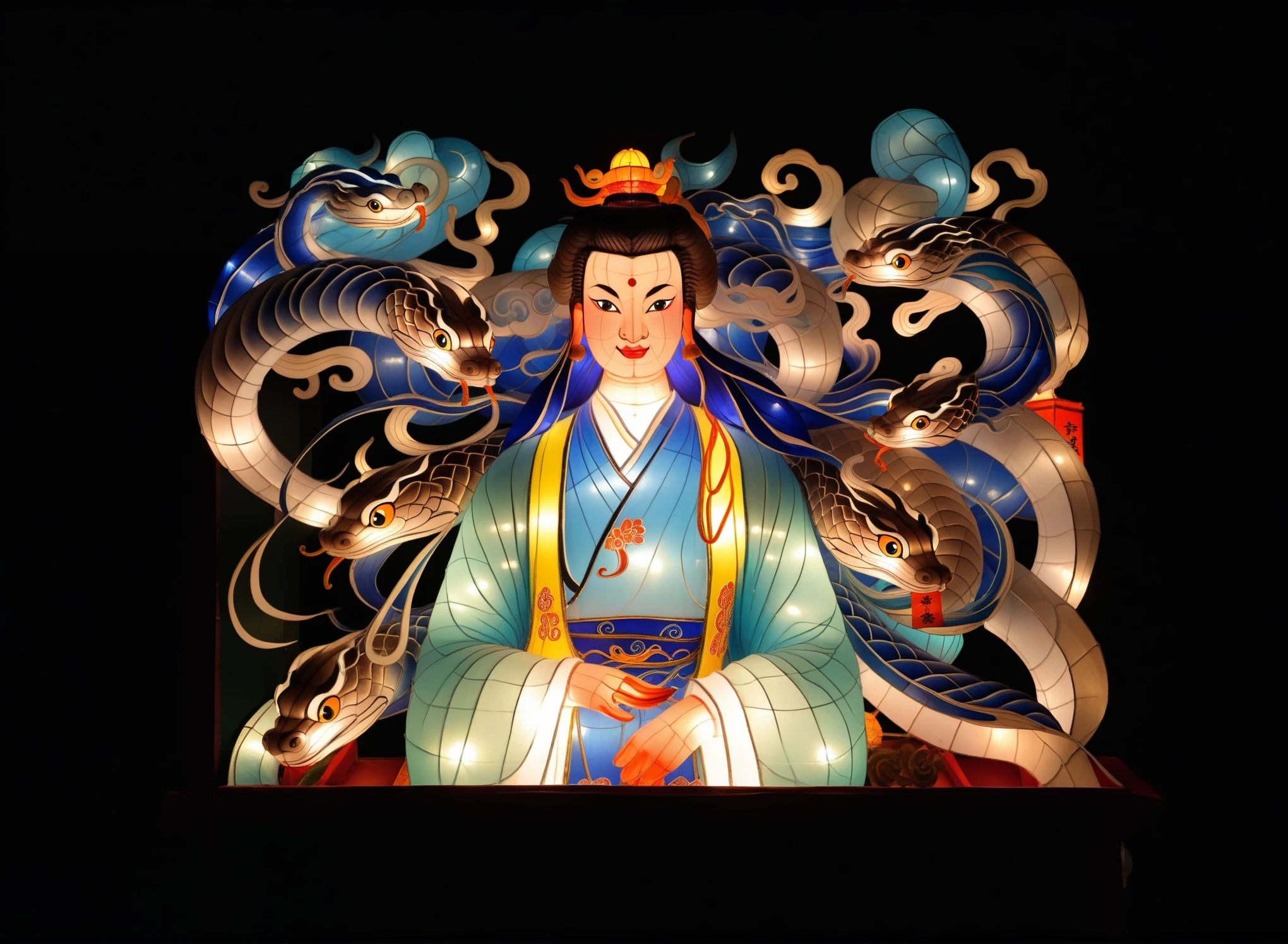 festive lantern,Front perspective,lamp,Nine tailed Snake,featuring traditional Chinese stories from "The Three Seas Sutra",Nine tailed Snake,eyes,cute,beard,wind,high-quality,masterpiece,night,RAW photo,cover art,wallpaper,rich details,festival lantern,(close-up),