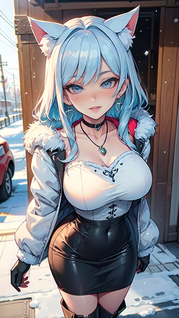 Masterpiece, beautiful art, professional artist, 8k, art style by sciamano240, very detailed face, very detailed hair, very detailed clothes, 1girl, perfectly drawn body, beautiful face, long hair, light blue hair , very detailed blue vertical cat eyes, square glasses, pouty lips , rosey cheeks, intricate details in eyes, extreme close up of face, see only head and neck, staring directly at viewer, wearing cute winter clothes, winter coat, necklace, choker, earrings, gloves, pencil skirt, black tigh boots, some freckles, big wide grin, in love with the viewer expression, sunny winter setting, walking outside,