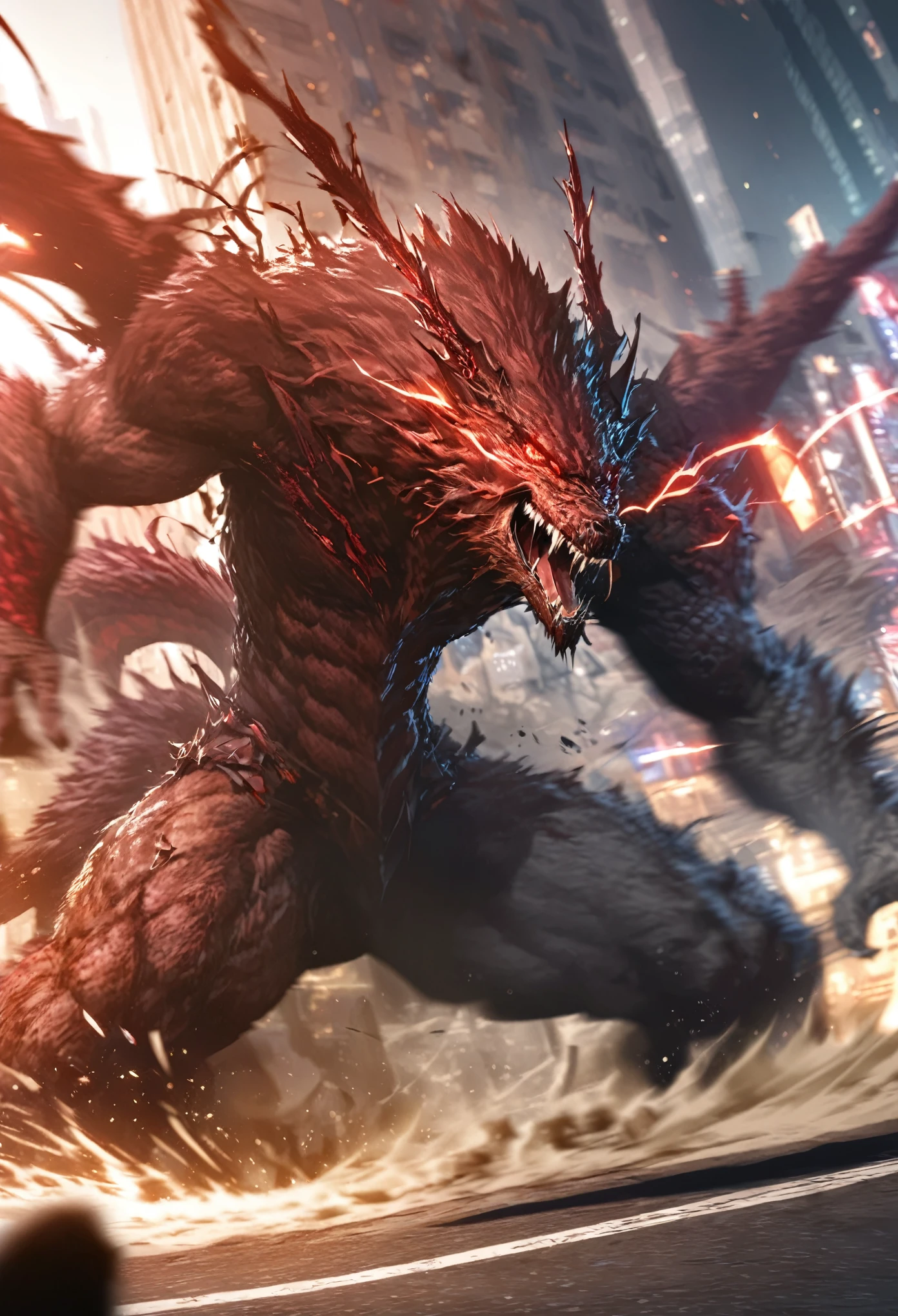 (high quality, 8k, 4K, high contrast, masterpiece: 1.2, 最high quality, best aesthetic), Shibuya crossing, post-apocalyptic, 1 man, focus, intense fight, fighting action pose, ((( Blur effect motion speed: 1.6))), destroyed Tokyo atmosphere, empty street scene, broken neon signs, depressing atmosphere, fast movement, ((motion blur on arms)), shadow assassin, assassinating an enemy , destroyed architecture, blood on the ground, less blood stained, evil energy, cinematic colors, dynamic settings, atmospheric perspective, epic lighting, (1vs1), (desenfundado), concept:Battle scene with a dragon. quality:(highest quality, 4k, High resolution, masterpiece:1.2), Super detailed, (fantasy art,oil:1.5), High quality artwork, delicate brushstrokes. composition:Bokeh, Dynamic composition, a powerful sense of movement, dungeons&inspired by dragons, The overall dramatic atmosphere of the scene, original composition, dutch angle, moving depiction. Subject information:(((Red Dragon:1.2, Giant Monsters))), large dragon with red scales, fierce battle, speed and adrenaline, atmosphere of battle. Other details:An illustration of a scene from a legendary RPG, Combat action in the dungeon, Billowing dust and smoke, Magical effects released by a wizard, (magic scroll), dynamic angle, Angry voice, powerful wave roar, luster, smooth aerodynamic shape, Battle maneuvers that require concentration, energetic atmosphere, The perfect balance of chaos and precision, thrill, a powerful sense of movement, Background Bokeh, 500㎜, f/4.0, werewolf, shapeshifter, transforming, metamorphosis, dynamic pose, colorful, vivid colors, detailed, best quality, masterpiece, humanoid, evil, concept art, epic, furious, red eyes