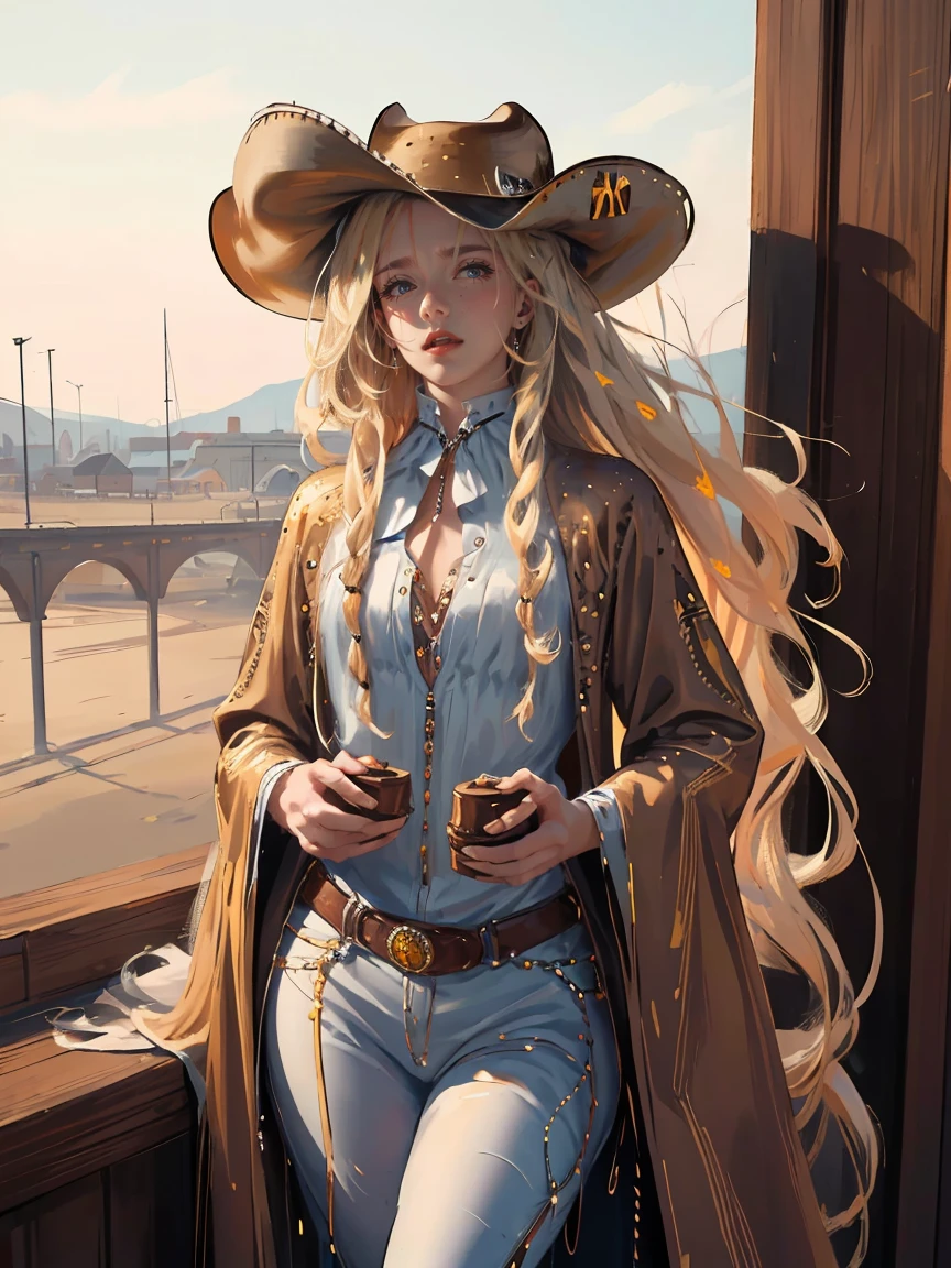Long LIGHT BLONDE hair, brown eyes, gloss lips, front look, close up, portrait, beautiful eyes, wearing a male white suit, big white, curly hair cut, clear skin, young 30 years girl, adult girl, solo, very long hair, ankle length hair, handsome older WOMAN,Hyperresolution,accuracy,Detailed rendering,(Image of fine hair)(topquality)(Masterpieces of masters)(High degree of completeness)(A sense of atmosphere)tmasterpiece,Super detailed and super detailed(((half-body portrait)))(((Older woman))) (((Western girl))), (((Cowgirl))) (((Cowboy hat))) (((Gunslinger)))(((Better hands)))(((Brown eyes)))