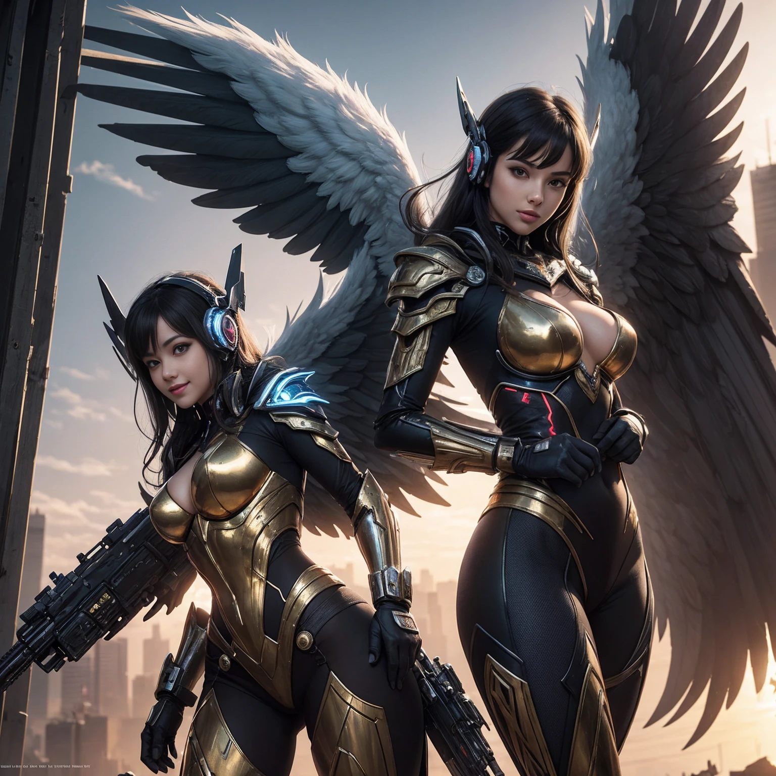masterpiece,(bestquality),highlydetailed,ultra-detailed,1girl, (((super sexy))), (mechanicalwings:golden,glowingeyes:blue,goldenrarmor:1.2,elongatedears:0.8),(cyberpunkcity:1.5,weapon:energyblade),(fantasylandscape:1.2,natural lighting:1.5,confidentexpression),(panorama:1.2),mecha, smile,angle,Angels, wings,gold,raw,(cowboy shot),