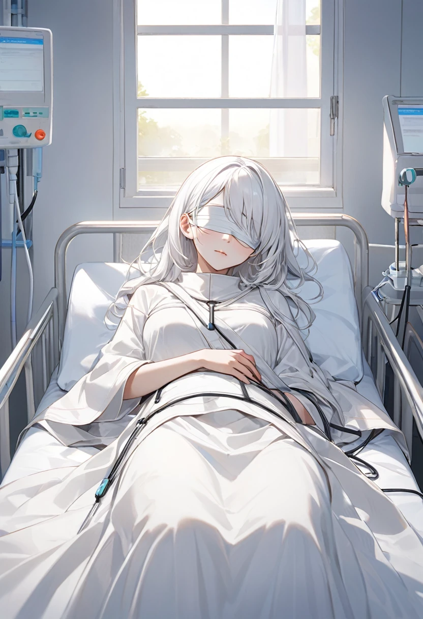 Long white hair、White skin、30-year-old female、saint、Wearing a white blindfold、Full of bandages、Wearing white monk clothes、Sleeping in a hospital room、Connected to life support、Alone、