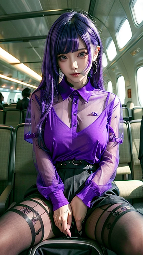 See-through purple polo shirt、Transparent nipples、Big Tits、Transparent OL polo shirt、See-through pantyhose、Transparent pantyhose、Cabin attendant、plane、airport、Pussy line、Bite、Spread your legs、Purple Hair