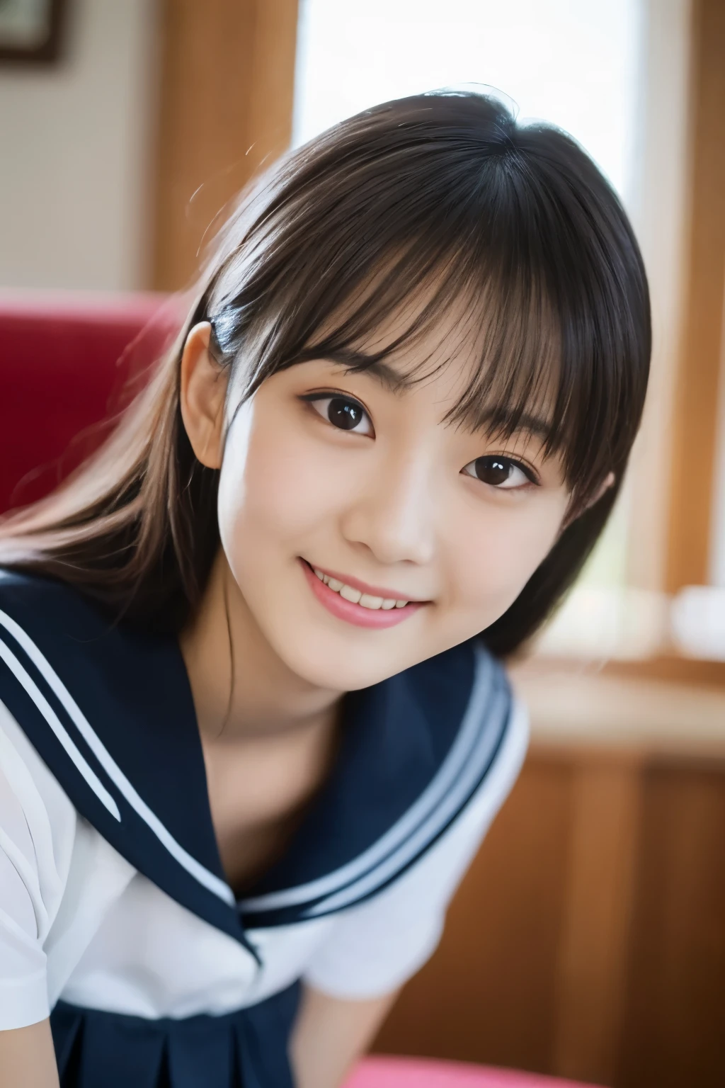 One Girl, (White shirt, Sailor , Navy blue pleated skirt:1.2), (:1.5), Young Face, Cute Face, 
(RAW Photos, Highest quality), (Realistic, Photorealistic:1.4), Tabletop, Sharp focus, 
Very delicate and beautiful, Very detailed, 2k wallpaper, wonderful, In detail, 
Very detailed CG Unity 8K 壁紙, Very detailed, High resolution, Soft Light, 
Beautiful detailed girl, Very detailed目と顔, Beautifully detailed nose, Beautiful attention to detail, Cute big eyes with double eyelids,
break
In the bright living room, Cinema Lighting, 
Perfect Anatomy, Slender body, Black straight hair, Parted bangs, smile, View your viewers,