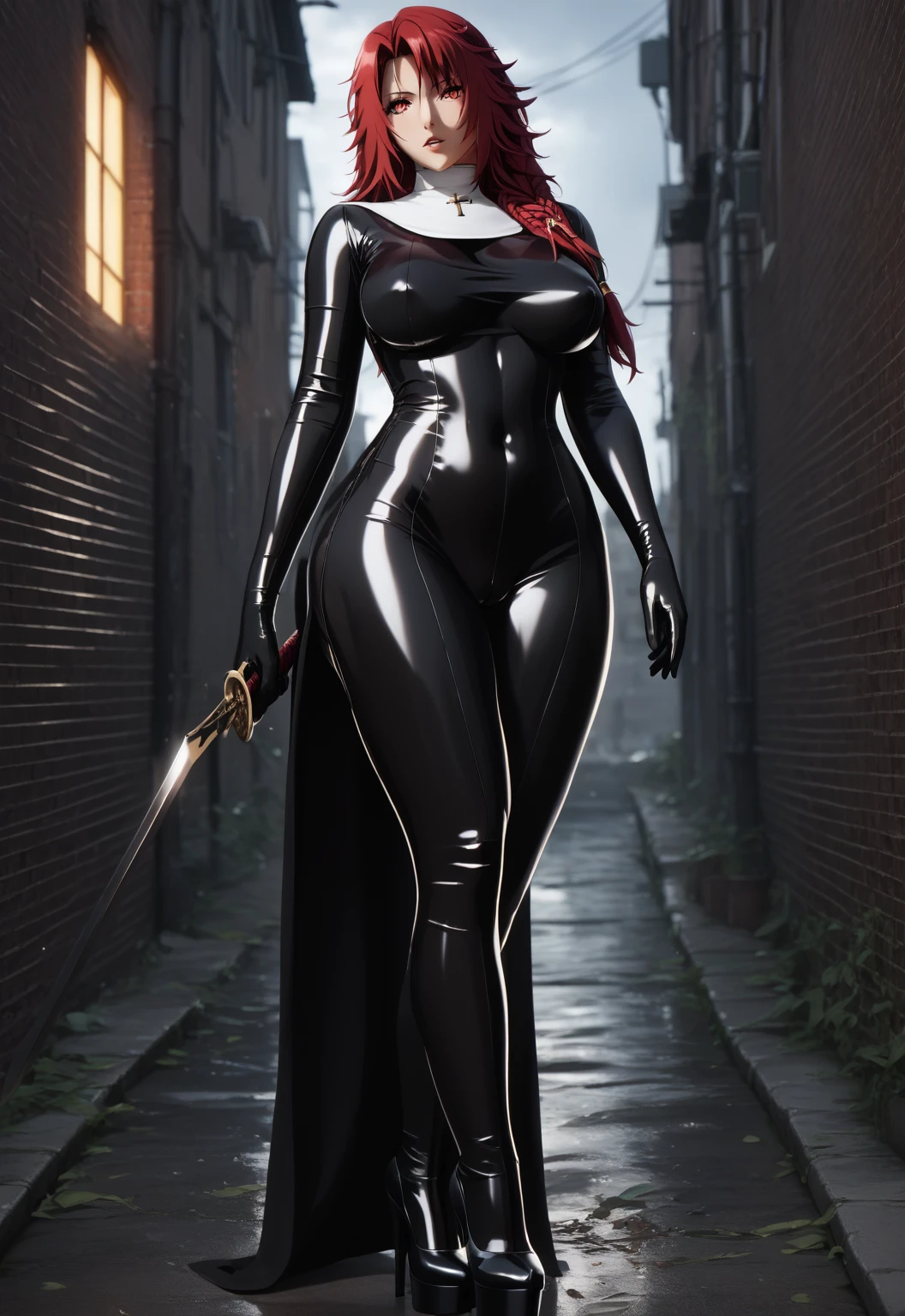 score_9, score_8_up, score_7_up, score_6_up, score_5_up, score_4_up, uncensored, iris midgar, red hair, long hair, braid, red eyes, BREAK (masterpiece:1.2), best quality, high resolution, (detailed eyes:1.3), perfect lighting, (perfect hands, perfect anatomy), HD, 1girl, high heels, nun, platform heels, platform footwear, skin tight, cross, solo, latex, breasts, habit, covered navel, bodysuit, latex bodysuit, full body, large breasts, stiletto heels, looking at viewer, high heel boots, shiny clothes, long legs, parted lips, black bodysuit, sword, impossible clothes, impossible bodysuit, covered nipples, standing, alley way, moonlight, night, brick wall, dusty, ripped clothes,