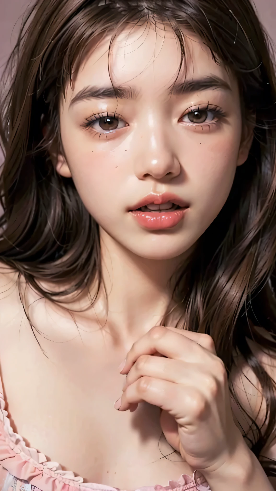 ((NSFW)), beautiful girl, ((fellatio with man)), handjob gesture:1.5, ((inserting big penis into mouth)), ((half closed eyes)), ((brown eyes)), (18 year old age girl), light brown hair color, ((big tits)), lips, realistic, (slim face), ((skinny)), charming, pink lipstick, colorful makeup, long eyelashes, wearing eyeliner, fair skin, (cute), (detailed face), detailed eyes, detailed iris, complete naked,