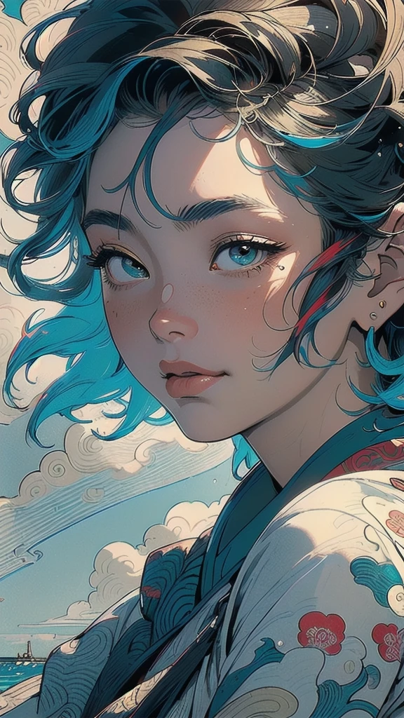 (((masterpiece, highest quality))),,(((solo:1.2))),(((1girl:1.2))),32k wallpaper, very detailed, poster, vintage science fiction,(((((portfolio))))),(((((Close-up))))),(((((bust up))))),((((more various angle)))),((((highlight)))),((((heterochromia)))),(((complete. detailed face))),(((detailed unlimited complete equipment : great ocean))),(((((Absolutely Realistic Clouds background))))),(((Texture for people : halftone))),((Open your mouth wide)),(((Wind God and Thunder God))),(((Ukiyo-e))),