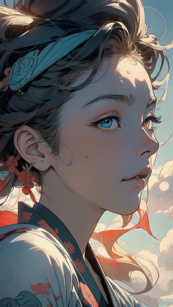 (((masterpiece, highest quality))),,(((solo:1.2))),(((1girl:1.2))),32k wallpaper, very detailed, poster, vintage science fiction,(((((portfolio))))),(((((Close-up))))),(((((bust up))))),((((more various angle)))),((((highlight)))),((((heterochromia)))),(((complete. detailed face))),(((detailed unlimited complete equipment : great ocean))),(((((Absolutely Realistic Clouds background))))),(((Texture for people : halftone))),((Open your mouth wide)),(((Wind God and Thunder God))),(((Ukiyo-e))),