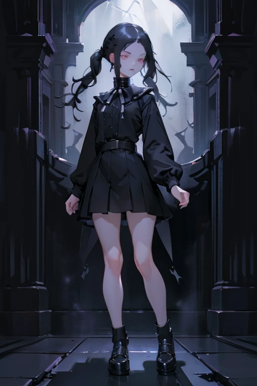 (full body:1.2),Adult Wednesday Addams. (pigtails),(small breasts). Sad, depressed, somber. Masterpiece, best quality,(highly detailed:1.2),(detailed face and eyes:1.2), 8k wallpaper, Moody lighting. core shadows, high contrast, bokeh. atmospheric, intricate.