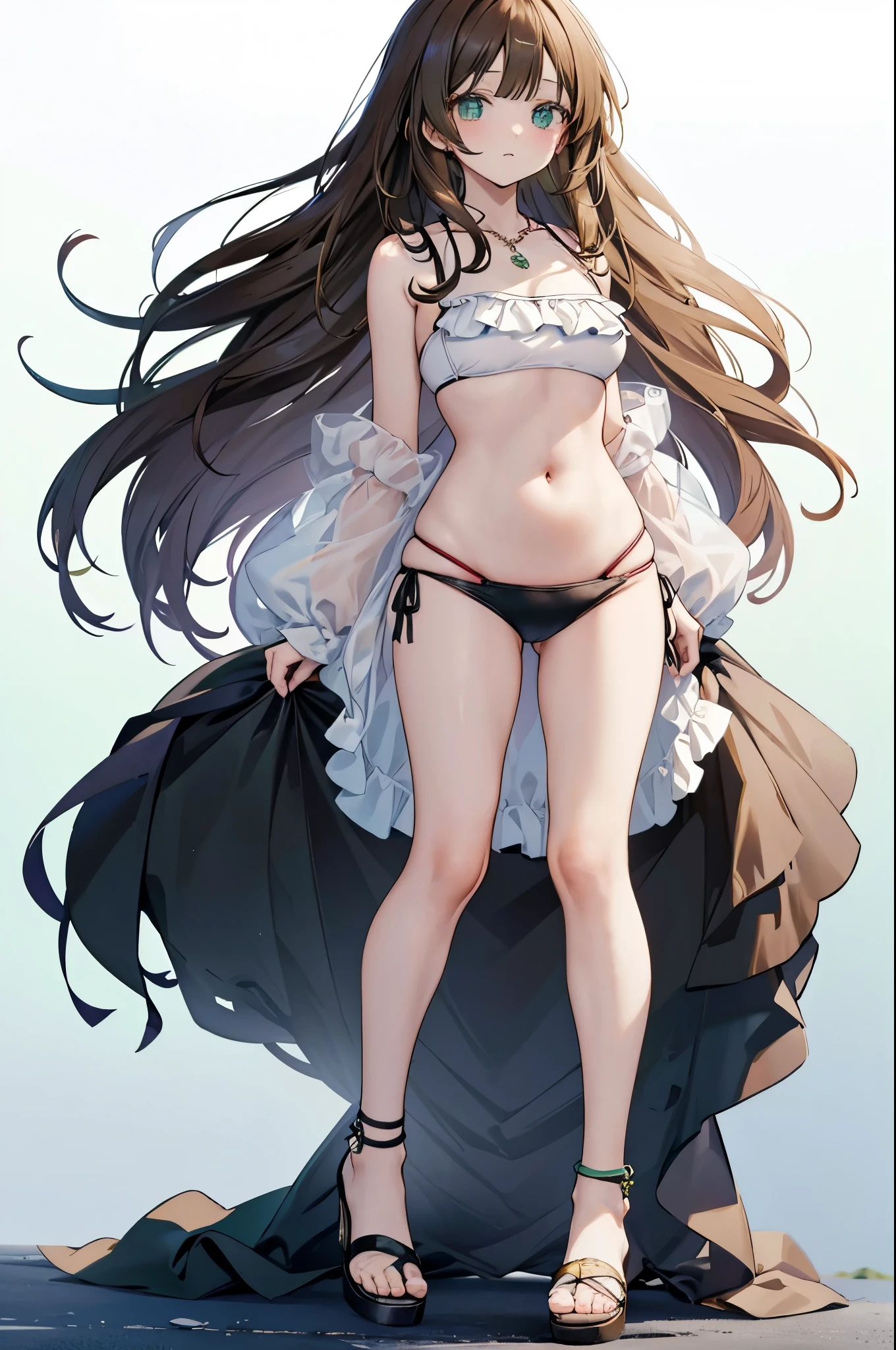 {{masterpiece}}, The best quality of life, 、Dark brown long hair down to the waist、Anime Girls with brown long hair, Cute female anime visuals,Anime full body illustration, Anime Moe Art Style, Anime characters, (Anime Girls)、(Green Eyes)、Expressionless adult woman、Small Necklace、((White background))、Black Bikini、Swimwear、Green anklet、A woman standing in white sandals、Large Breasts,Woman standing facing the front、tall、Stylish woman、The arm is visible