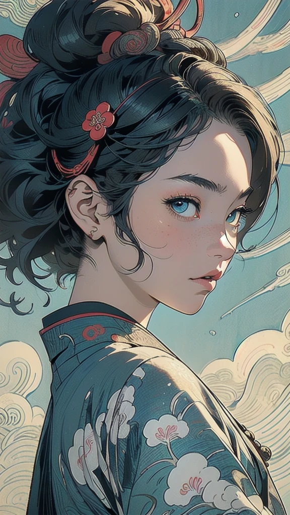(((masterpiece, highest quality))),,(((solo:1.2))),(((1girl:1.2))),32k wallpaper, very detailed, poster, vintage science fiction,(((((portfolio))))),(((((Close-up))))),(((((bust up))))),((((more various angle)))),((((highlight)))),((((heterochromia)))),(((complete. detailed face))),(((detailed unlimited complete equipment : great ocean))),(((((Absolutely Realistic Clouds background))))),(((Texture for people : halftone))),((Open your mouth wide)),(((Wind God and Thunder God))),(((Ukiyo-e))),
