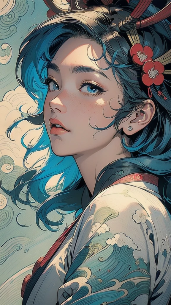 (((masterpiece, highest quality))),,(((solo:1.2))),(((1girl:1.2))),32k wallpaper, very detailed, poster, vintage science fiction,(((((portfolio))))),(((((Close-up))))),(((((bust up))))),((((more various angle)))),((((highlight)))),((((heterochromia)))),(((complete. detailed face))),(((detailed unlimited complete equipment : great ocean))),(((((Absolutely Realistic Clouds background))))),(((Texture for people : halftone))),((Open your mouth wide)),(((Wind God and Thunder God))),(((Ukiyo-e))),
