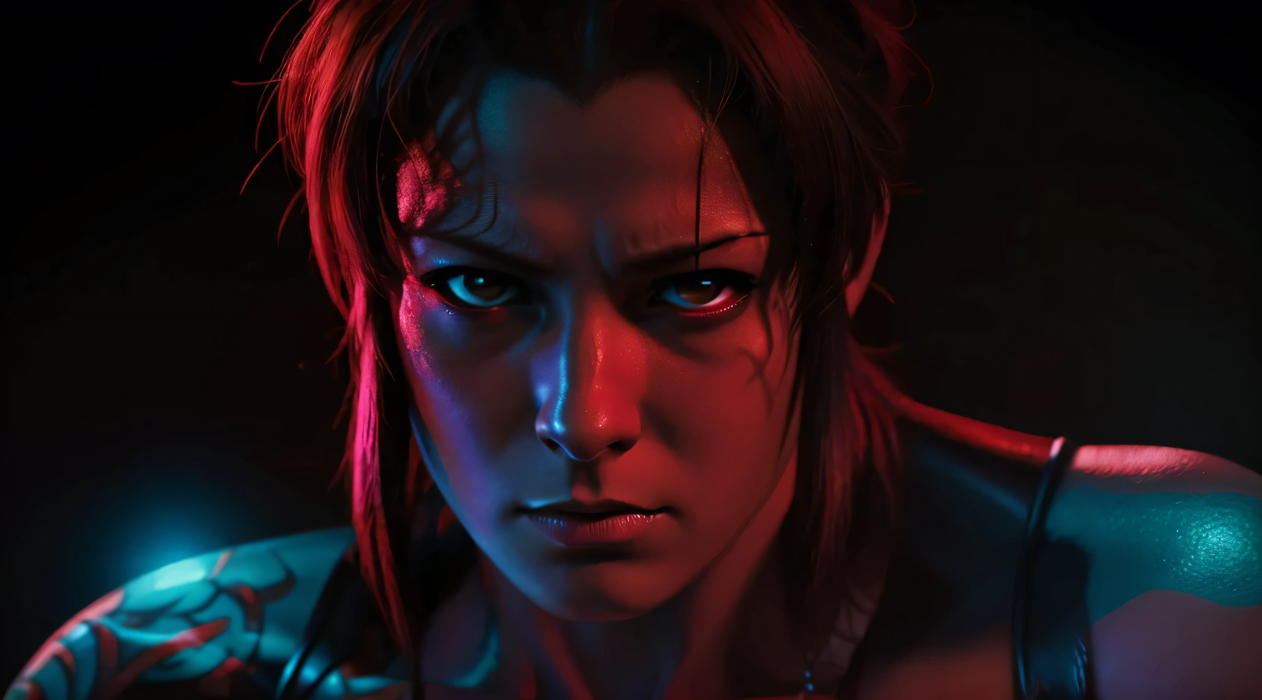 Revy from black lagoon, neon lights, The artwork is rendered in an edgy and realistic style, with high attention to detail and sharp focus. The colors are vivid and contrasted, with a slight desaturation to create a moody atmosphere. shadowy highlights enhancing the overall composition. The medium used is a digital illustration, with a touch of photo-realistic elements to add depth and texture to the image. The final result is a masterpiece in ultra-high resolution,