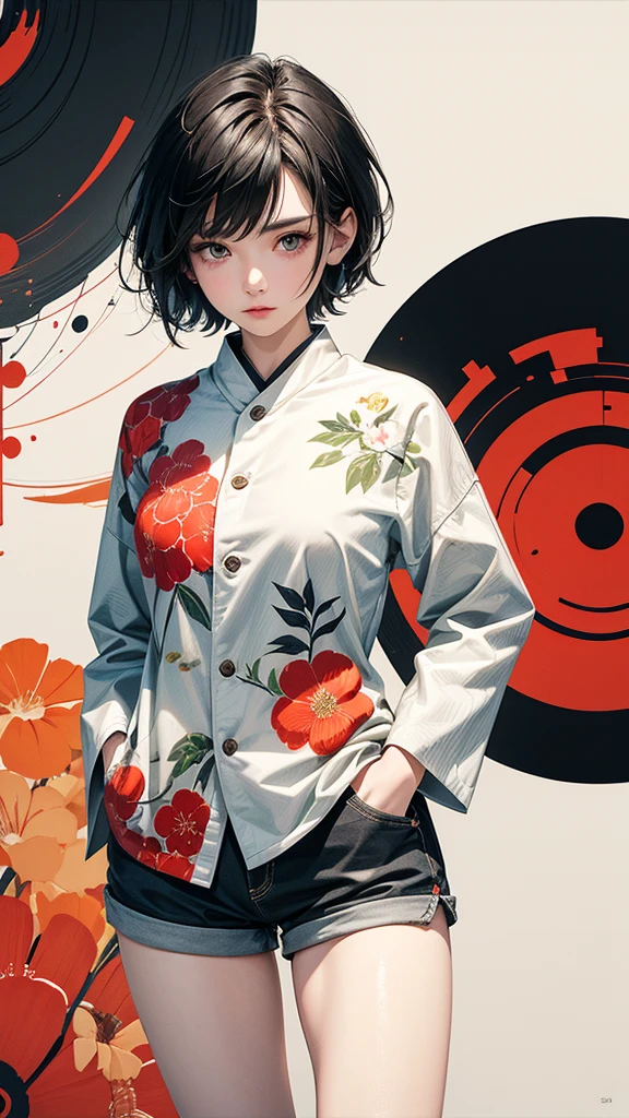 From above, 20-year-old woman, Asymmetrical short hair, Hands in pockets, Coordination of Japanese pattern jacket and micro mini shorts:1.2, Petal Collage, abstract design, artistic juxtapositions, And handle background, warm color, mixed-media approach, Anime Style, Simple lines, Digital Painting, (masterpiece, High resolution, Highest quality)