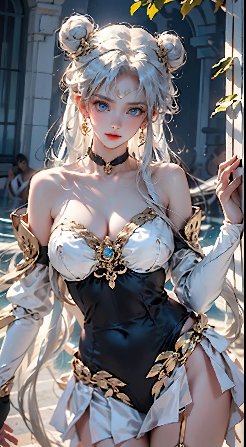 photorealistic, masterpiece, photorealistic, high resolution, soft light, hips up, (blue eyes, white hair), long hair, (silk and Ribbon in front:1.3),earrings,filigree,detached sleeves,wide sleeves, (armlet:1.2),jewelry, (cleavage,bare shoulder,strapless,Simple Choker,tube dress,no bra:1.1), ------------------------------- (sky,idle animation,simple background,Leaves and plant in front :1.2), ------------------------------- (meishaonv,blue eyes,tsukino usagi,double bun,sailor collar,crescent,sailor moon:1.2)