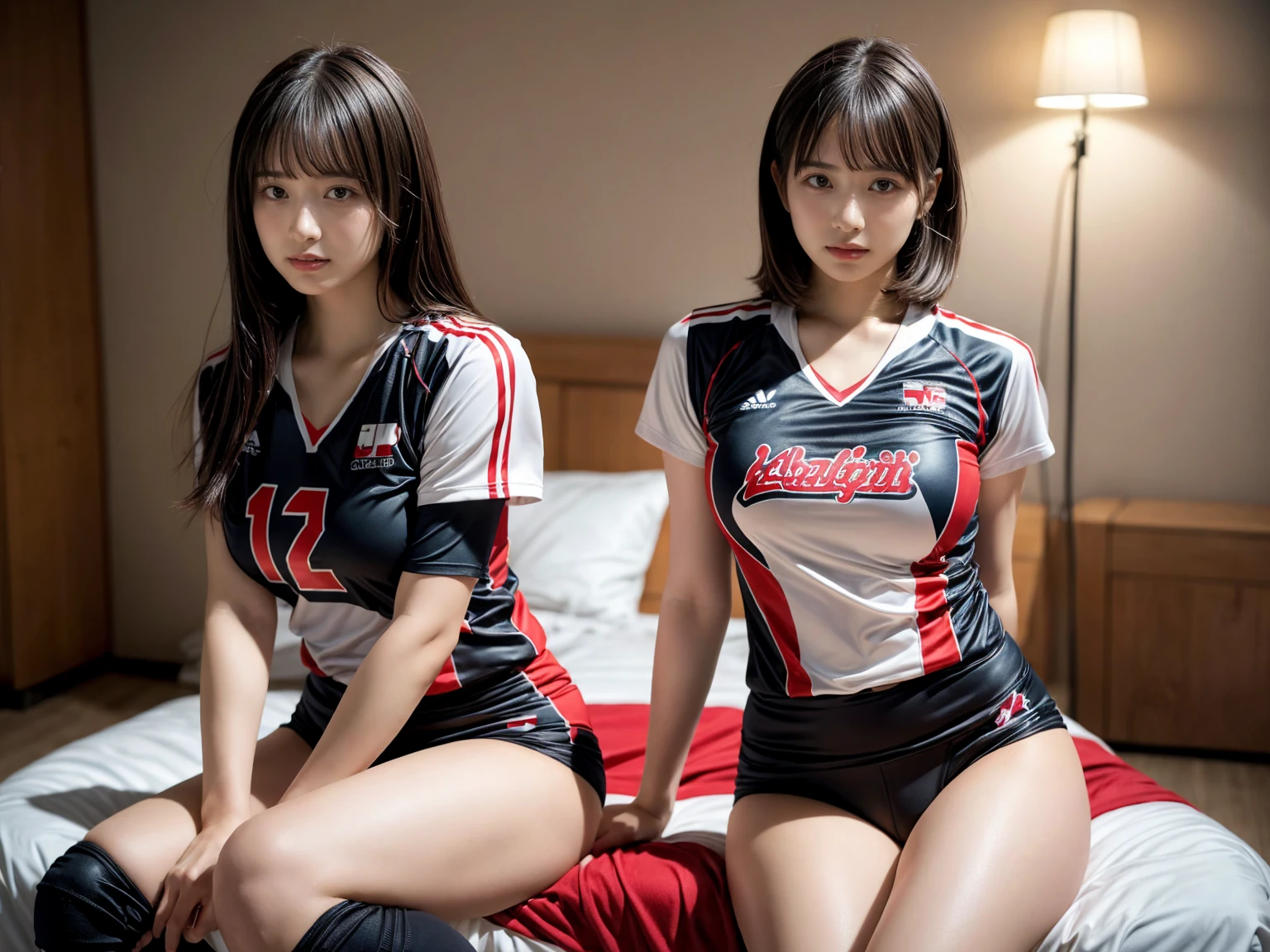 masterpiece, best quality, illustration, Super detailed, fine details, High resolution, 8K,wall paper, perfect dynamic composition,(Details High quality, realistic depiction of eyes:1.3), (2 girls), (short hair volleyball player, Volleyball Uniforms), Tight clothes, sitting, open legs, short bob hair, in a hotel room in the background, deep on field, large breasts, black hair color, Big Natural Color Lip, (perfect body shape), crying a little、Harajuku style、20 year old girl、cute type、beautiful legs, Gravure Idol