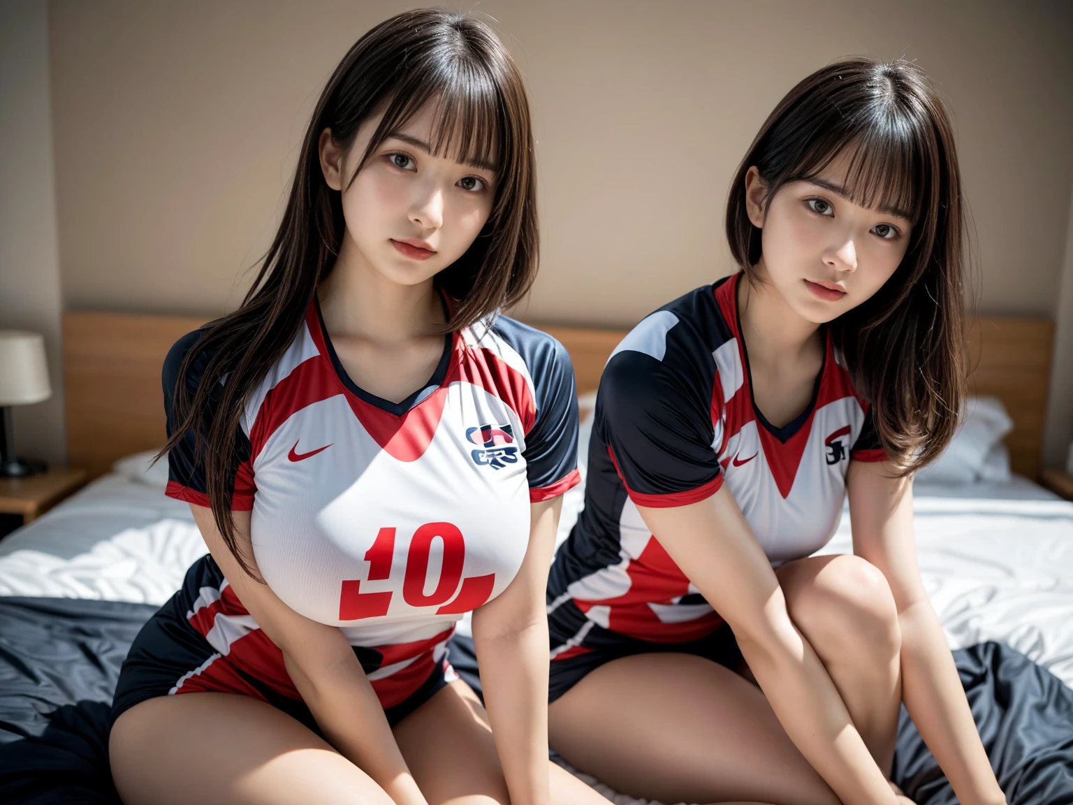 masterpiece, best quality, illustration, Super detailed, fine details, High resolution, 8K,wall paper, perfect dynamic composition,(Details High quality, realistic depiction of eyes:1.3), (2 girls), (short hair volleyball player, Volleyball Uniforms), Tight clothes, sitting, open legs, short bob hair, in a hotel room in the background, deep on field, large breasts, black hair color, Big Natural Color Lip, (perfect body shape), crying a little、Harajuku style、20 year old girl、cute type、beautiful legs, Gravure Idol