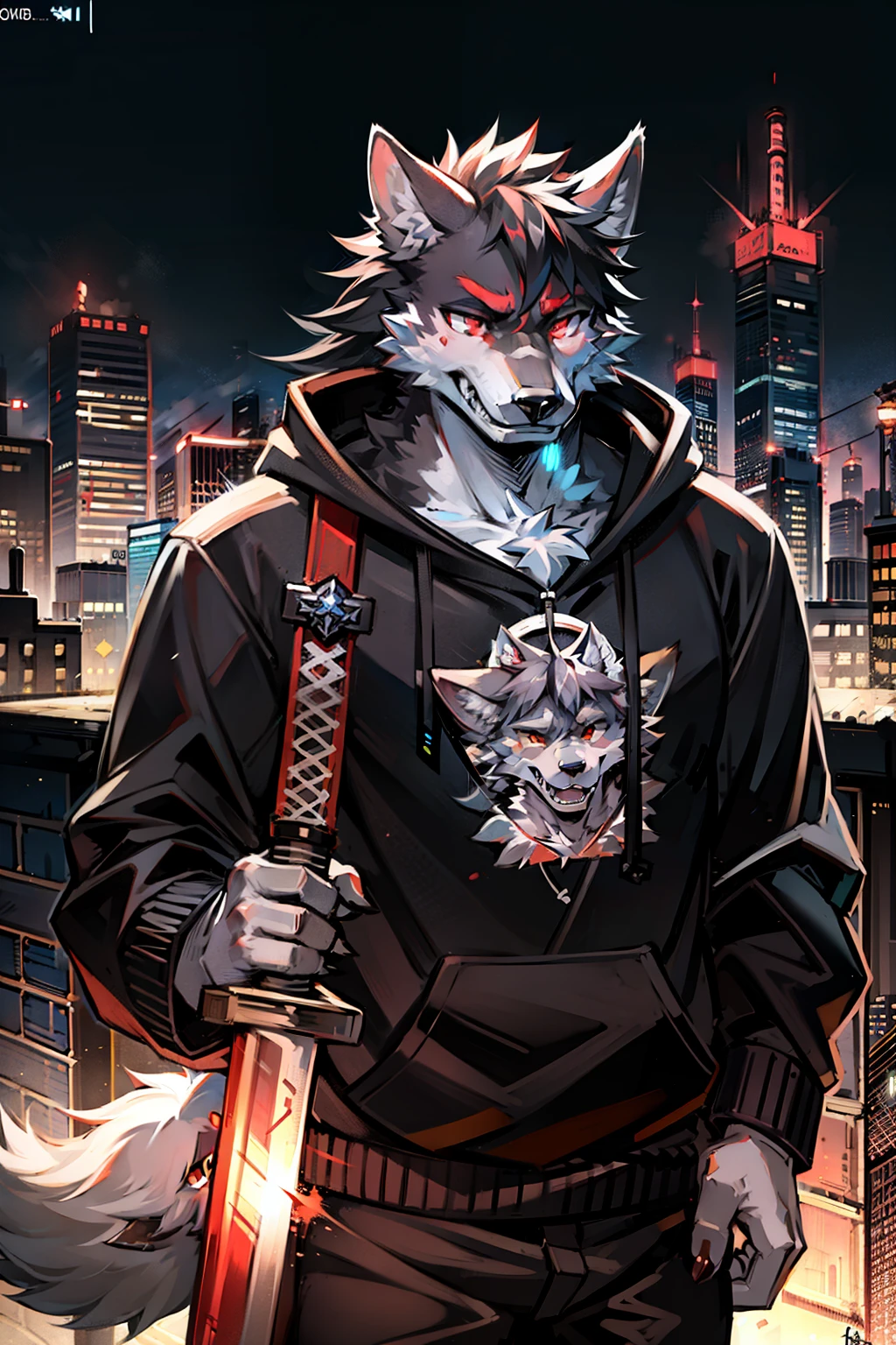 On the rooftop of a technologically advanced city at night。One black one,Red eyes,With a samurai sword on his back,Cyberpunk,Wearing a black sweatshirt,cool,A high school student wolf beastman with a cold face