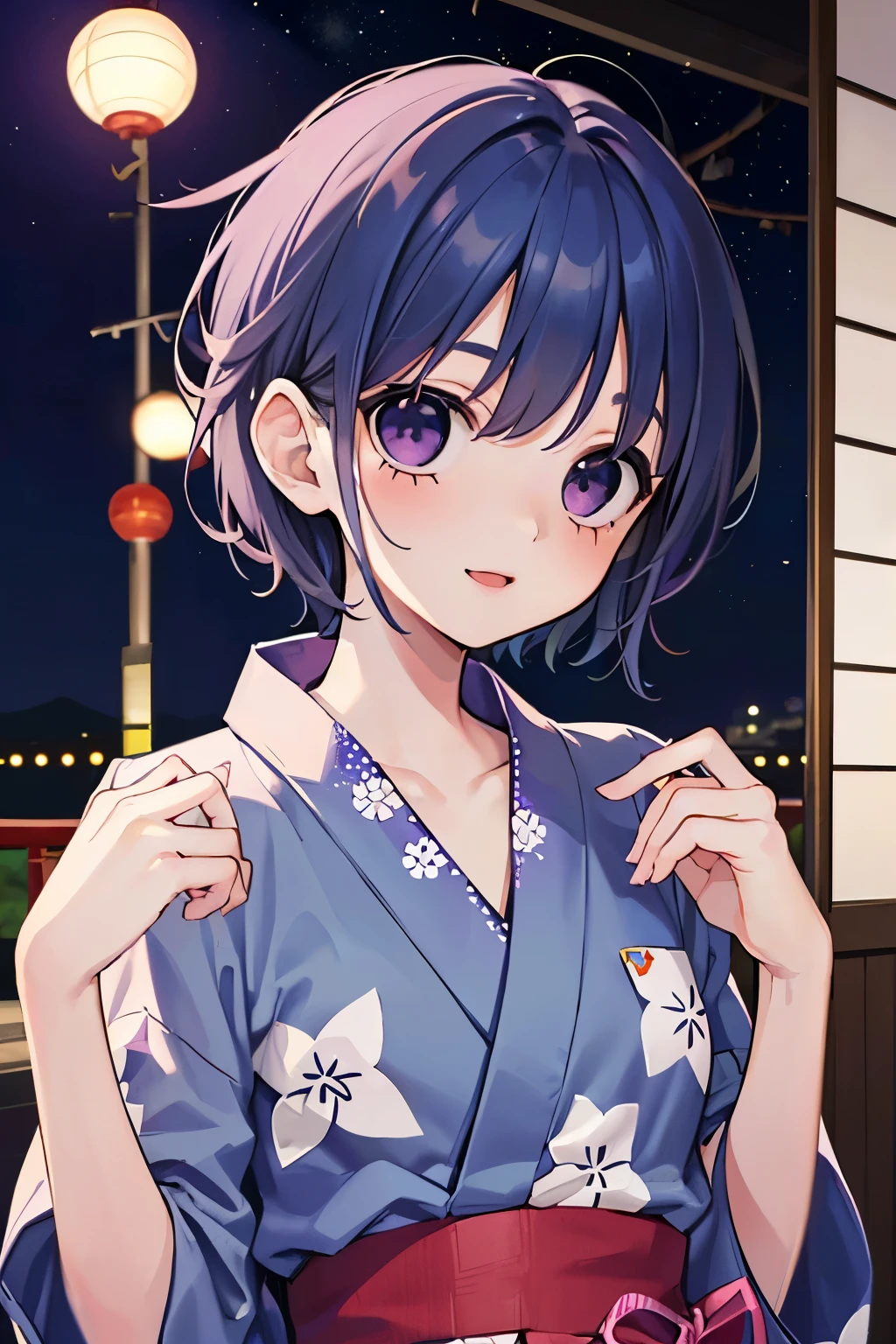 (beautiful young men's:1.3),(Small breasts 1.0),((dark blue hair:1.2)),(short hair:1.1),(purple eyes:1.2),(PRİNCESS:1.1),((White lace,yukata:1.2)),open your mouth,smile,(Japanese festival:1.25),(Night:1.2),close-up Face.