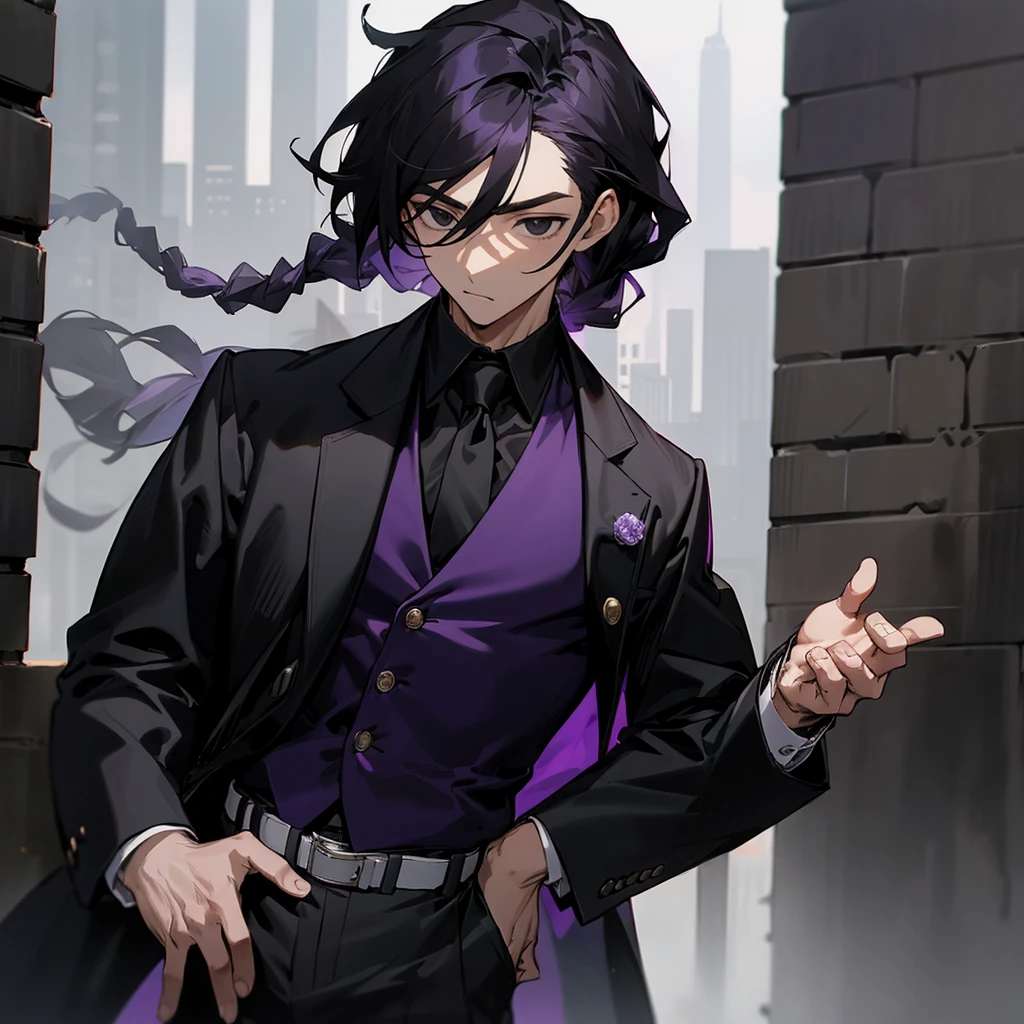 1male, black hair, dreads, black eyes, expressionless, purple suit vest, black long sleeve button shirt, white pants, black belt, leaning against grey brick wall, misty city background