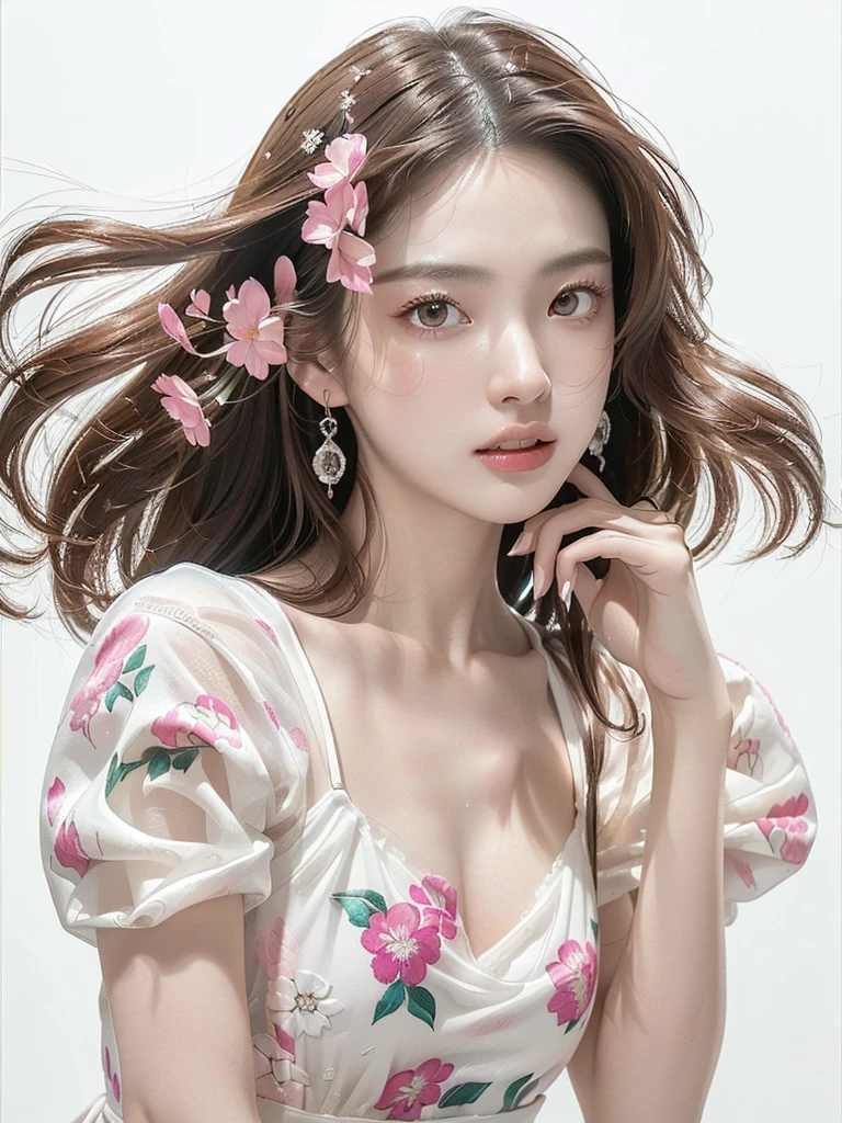 (((Very bright white background 1.5)))、(((High Key Portrait 2.0)))Professional Lighting、(((Professional Lighting 1.5)))、Translucent skin texture、Beautiful Skin、Beautiful Skin、、(((Whitening 1.5)))、、、音符のEcstasy、(((Pure white and pink floral dress 1.5)))、Profile 1.4、See-through。No bra、Mid-shot photo、Simple Earrings、((tea hair))、((Mid-length hair))、Loose wavy hair、sex appeal、Sex Appeal、Ecstasy、(((Mid-shot photo1.5))、(((Dynamic pose 1.85)))、(((sexy pose 1.85)))、(((One woman)))、