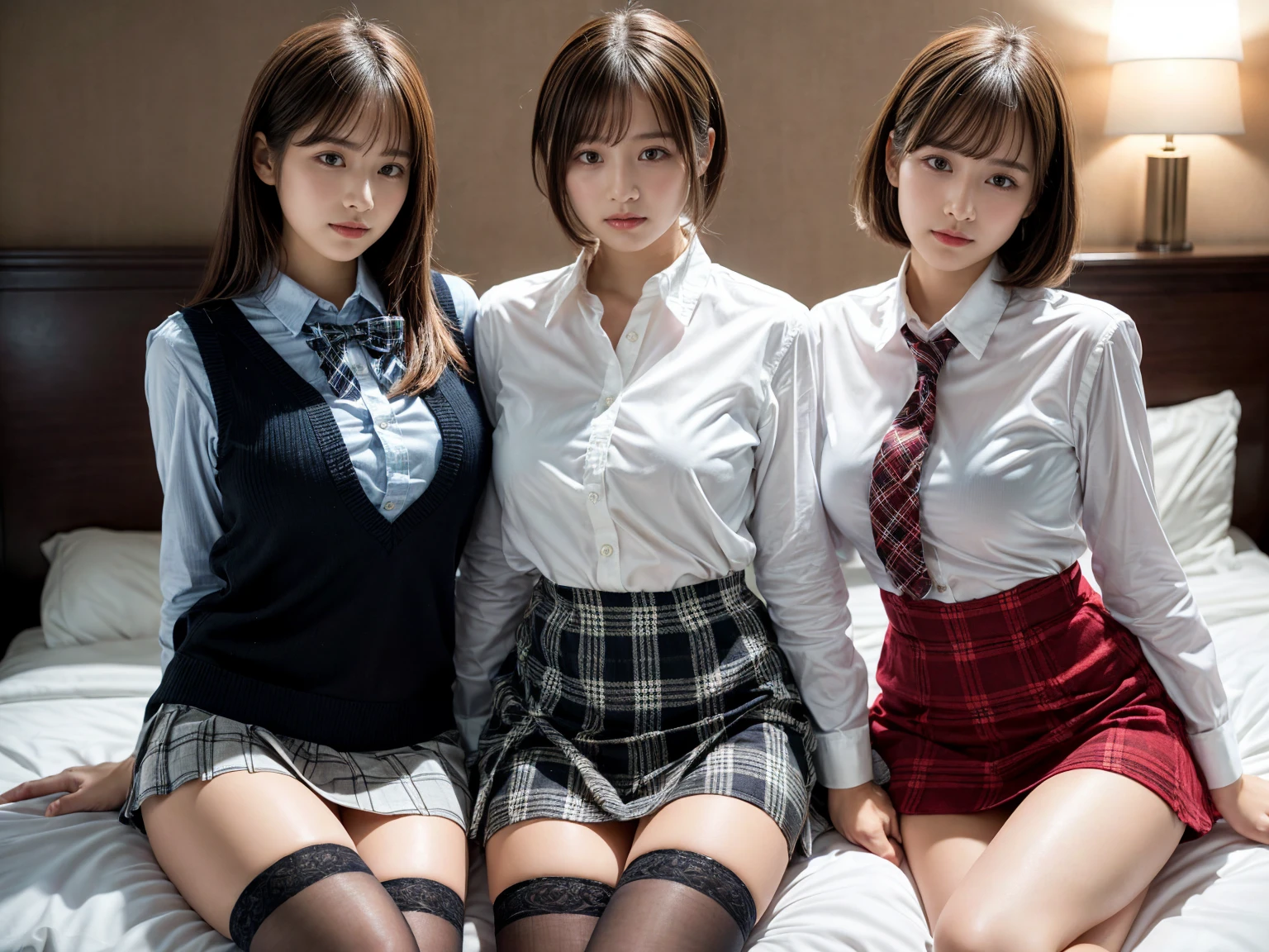 masterpiece, best quality, illustration, Super detailed, fine details, High resolution, 8K,wall paper, perfect dynamic composition,(Details High quality, realistic depiction of eyes:1.3), (3 girls), (white school shirt :1.2), (plaid skirt :1.3), tie black, black thigh-high stockings, sitting, open legs, short bob hair, in a hotel room in the background, deep on field, large breasts, black hair color, Big Natural Color Lip, (perfect body shape), crying a little、Harajuku style、20 year old girl、cute type、beautiful legs, Gravure Idol