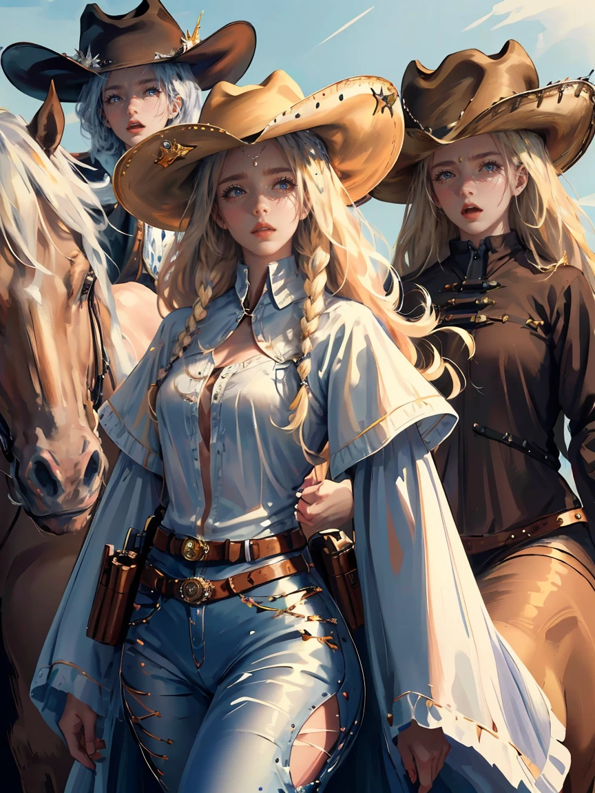 Long LIGHT BLONDE hair, brown eyes, gloss lips, front look, close up, portrait, beautiful eyes, wearing a male white suit, big white, curly hair cut, clear skin, young 30 years girl, adult girl, solo, very long hair, ankle length hair, handsome older WOMAN,Hyperresolution,accuracy,Detailed rendering,(Image of fine hair)(topquality)(Masterpieces of masters)(High degree of completeness)(A sense of atmosphere)tmasterpiece,Super detailed and super detailed(((half-body portrait)))(((Older woman))) (((Western girl))), (((Cowgirl))) (((Cowboy hat))) (((Gunslinger)))(((Better hands)))(((Brown eyes)))(((White horse)))(((Holstered gun)))(((Sheriffs daughter)))