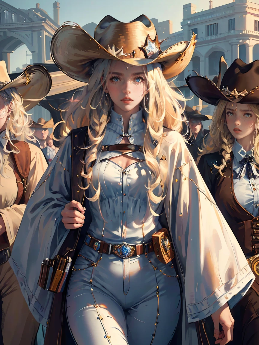 Long LIGHT BLONDE hair, brown eyes, gloss lips, front look, close up, portrait, beautiful eyes, wearing a male white suit, big white, curly hair cut, clear skin, young 30 years girl, adult girl, solo, very long hair, ankle length hair, handsome older WOMAN,Hyperresolution,accuracy,Detailed rendering,(Image of fine hair)(topquality)(Masterpieces of masters)(High degree of completeness)(A sense of atmosphere)tmasterpiece,Super detailed and super detailed(((half-body portrait)))(((Older woman))) (((Western girl))), (((Cowgirl))) (((Cowboy hat))) (((Gunslinger)))(((Better hands)))(((Brown eyes)))(((White horse)))(((Holstered gun)))(((Sheriffs daughter)))
