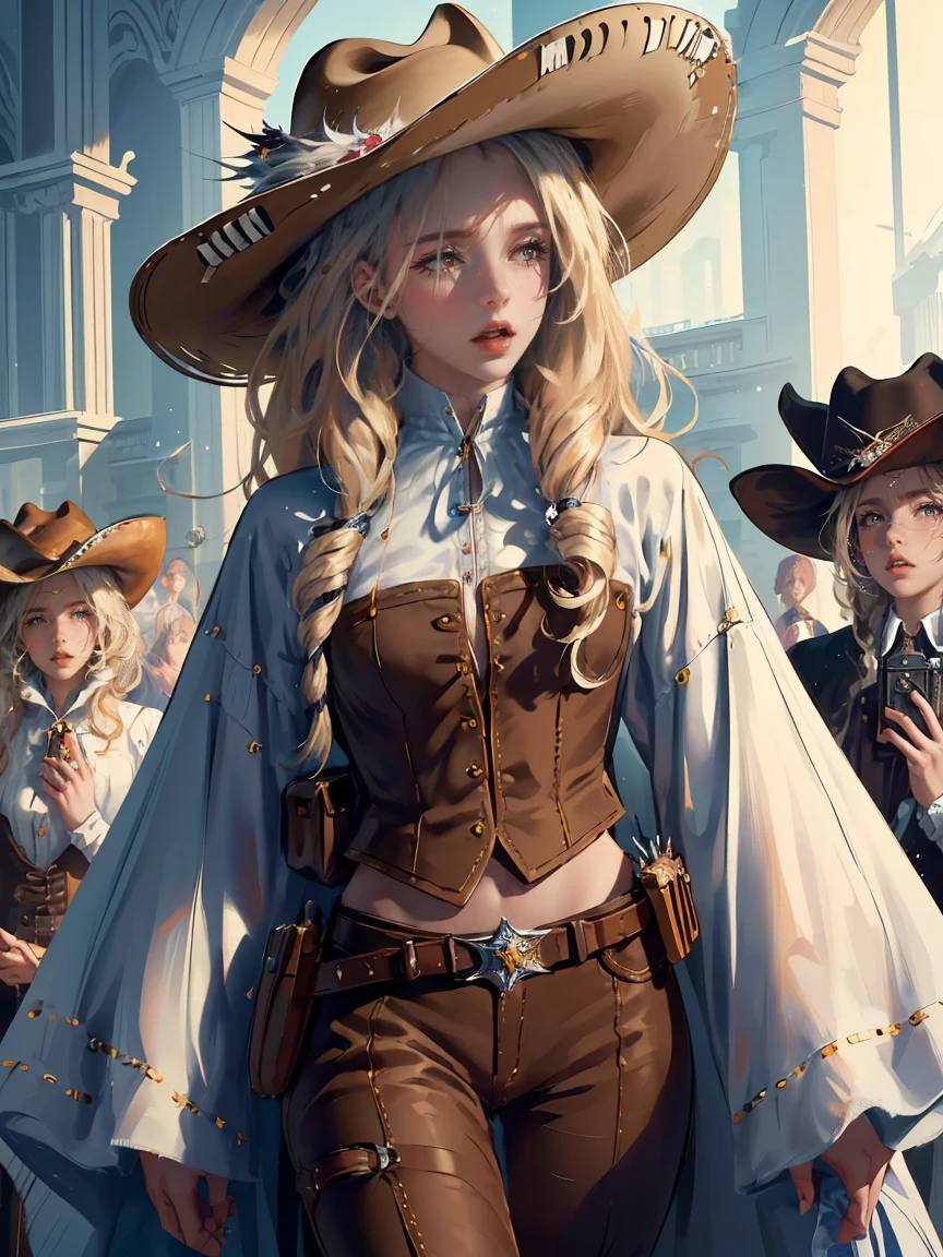 Long LIGHT BLONDE hair, brown eyes, gloss lips, front look, close up, portrait, beautiful eyes, wearing a male white suit, big white, curly hair cut, clear skin, young 30 years girl, adult girl, solo, very long hair, ankle length hair, handsome older WOMAN，Hyperresolution，accuracy，Detailed rendering,（Image of fine hair）（topquality）（Masterpieces of masters）（High degree of completeness）（A sense of atmosphere）tmasterpiece，Super detailed and super detailed（((half-body portrait)))(((Older woman))) (((Western girl))), (((Cowgirl))) (((Cowboy hat))) (((Gunslinger)))(((Better hands)))(((Brown eyes)))(((White horse)))(((Holstered gun)))(((Sheriffs daughter)))