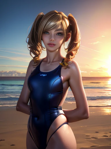 A beautiful girl in a yellow swimsuit, standing alone on a sandy beach, her long blonde hair tied in twin tails, (best quality,4k,8k,highres,masterpiece:1.2),ultra-detailed,(realistic,photorealistic,photo-realistic:1.37),detailed face and eyes,detailed hair, beach scenery, golden hour lighting, vivid colors, serene atmosphere
