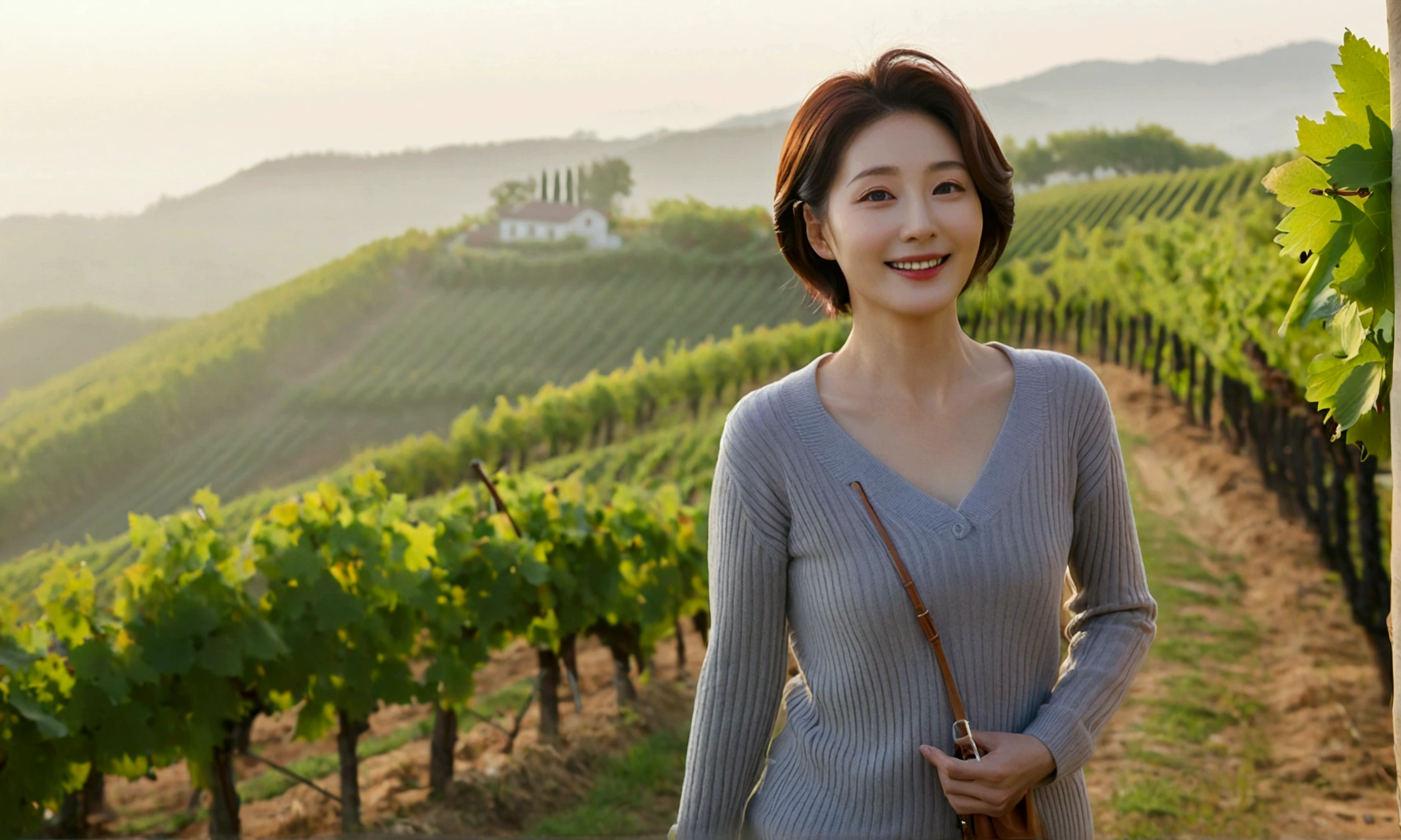 Italy foggy countryside dawn, Endless vineyards, A cathedral can be seen far away in the fog.. Korean woman in her 40s, Wearing a luxury brand slightly thick knit, casual pants, Korean woman with short and medium hair, hair is beautiful. Standing on a path on top of a vineyard hill, Beautiful Korean woman with bright and clear skin, the neck is long and beautiful. Inspired by Yoo Ji-in. Beautiful Korean woman smiling, standing in the vineyard,1 woman, Your eyes are big and pretty, standing on a hill in a vineyard, 1 woman, Clear picture quality, Fair skin and no wrinkles on the neck, The eyes are clear and big, Hair texture is clean and shiny, eyes are big, three dimensional grape leaves, Put your hands in your pockets