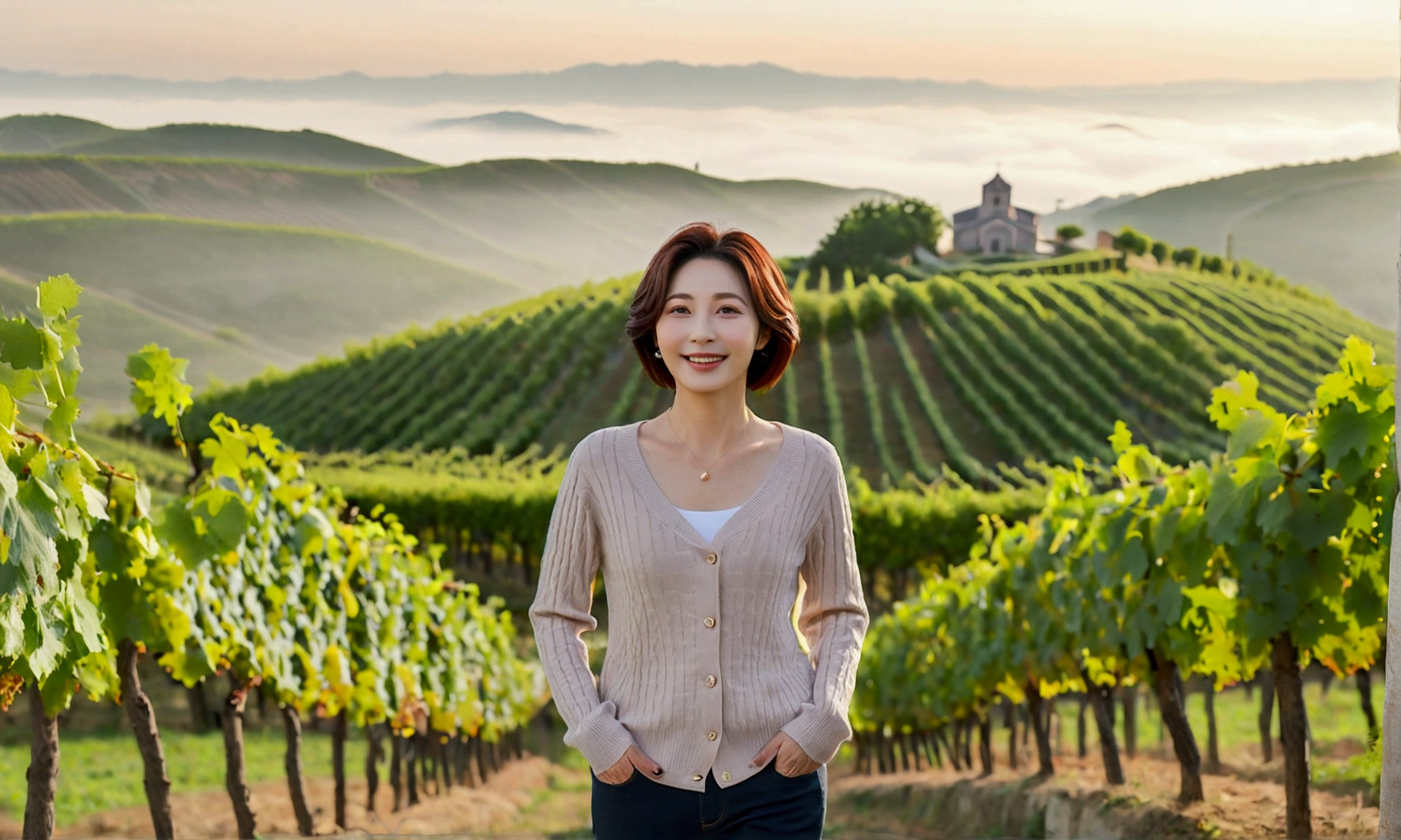 Italy foggy countryside dawn, Endless vineyards, A cathedral can be seen far away in the fog.. Korean woman in her 40s, Wearing a luxury brand slightly thick knit, casual pants, Korean woman with short and medium hair, hair is beautiful. Standing on a path on top of a vineyard hill, Beautiful Korean woman with bright and clear skin, the neck is long and beautiful. Inspired by Yoo Ji-in. Beautiful Korean woman smiling, standing in the vineyard,1 woman, Your eyes are big and pretty, standing on a hill in a vineyard, 1 woman, Clear picture quality, Fair skin and no wrinkles on the neck, The eyes are clear and big, Hair texture is clean and shiny, eyes are big, three dimensional grape leaves, Put your hands in your pockets