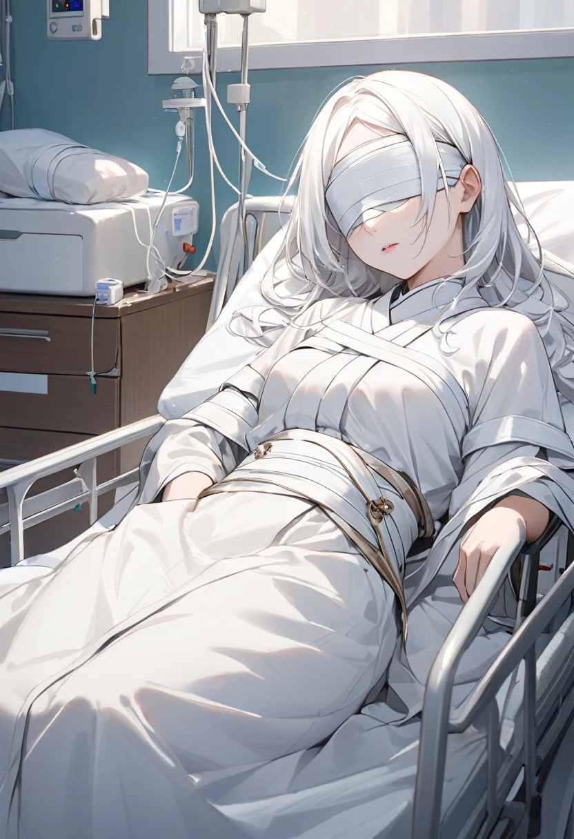 Long white hair、White skin、30-year-old female、saint、Wearing a white blindfold、Full of bandages、Wearing white monk clothes、Sleeping in a hospital room、Connected to life support、Alone、