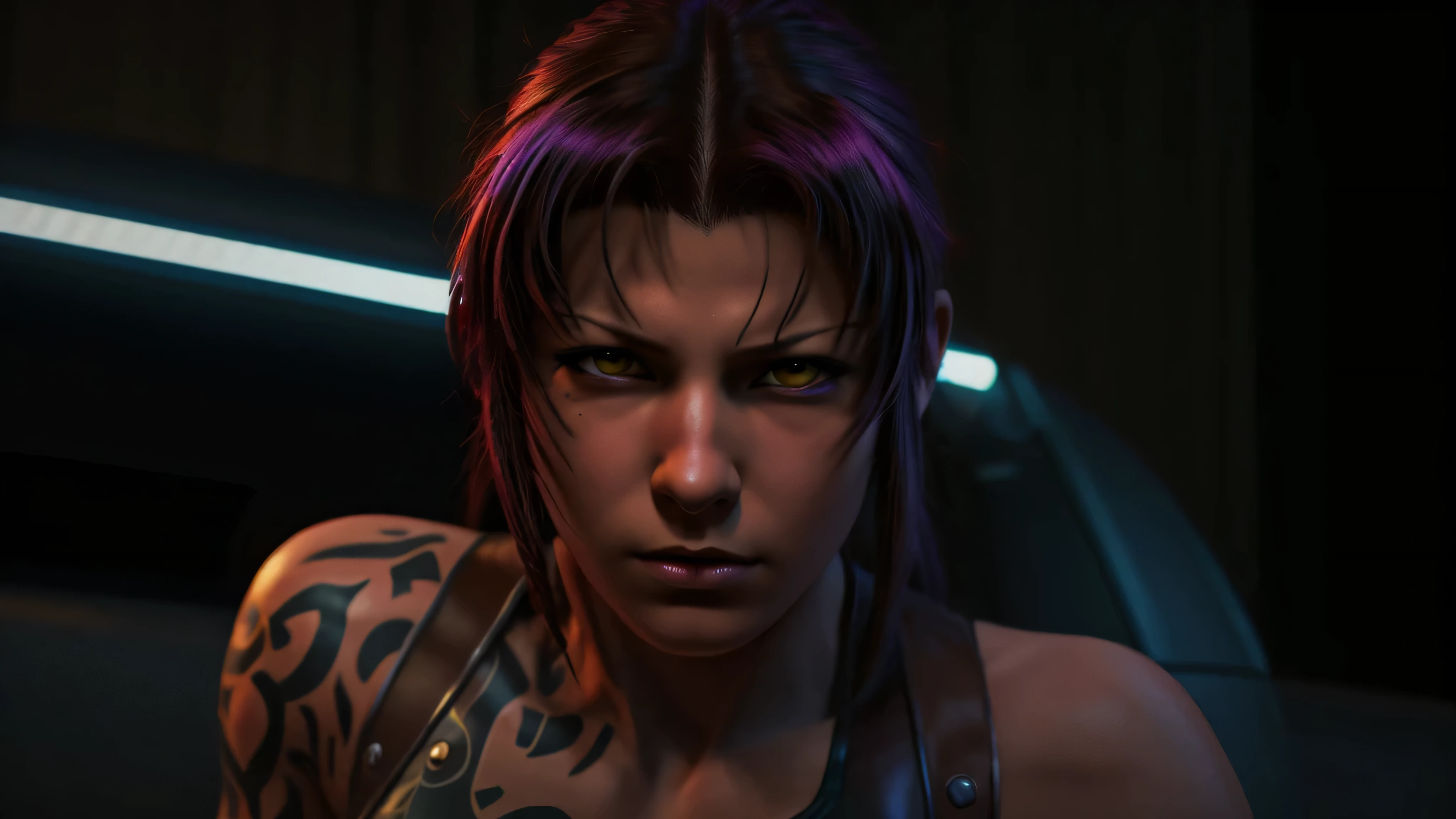 Revy from black lagoon, neon lights, The artwork is rendered in an edgy and realistic style, with high attention to detail and sharp focus. The colors are vivid and contrasted, with a slight desaturation to create a moody atmosphere. shadowy highlights enhancing the overall composition. The medium used is a digital illustration, with a touch of photo-realistic elements to add depth and texture to the image. The final result is a masterpiece in ultra-high resolution,