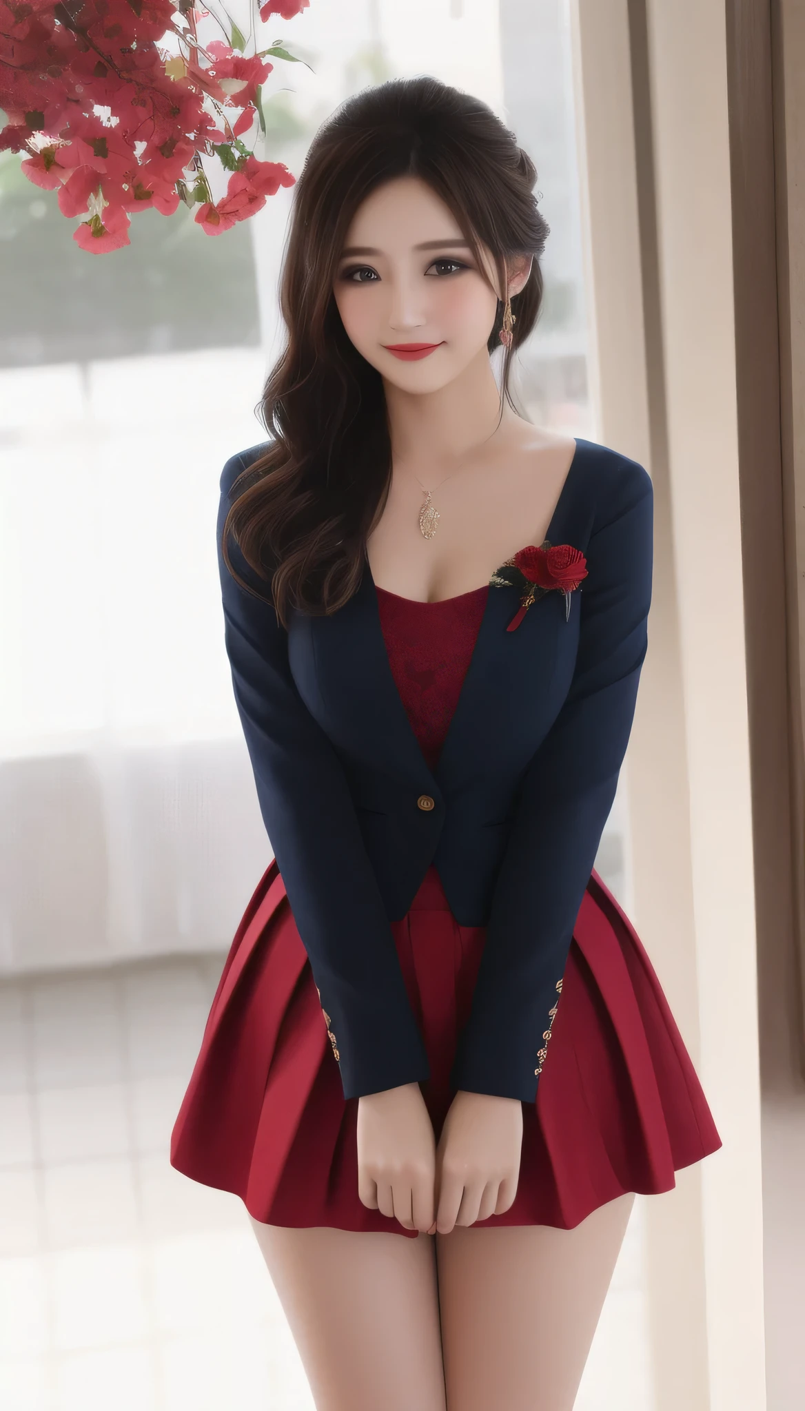 American woman, Intimate, face blush, red blushy cheeks, long wavy hair, feeling excited, beautiful thighs, in love, wearing wedding outfit with mini pleated skirt
