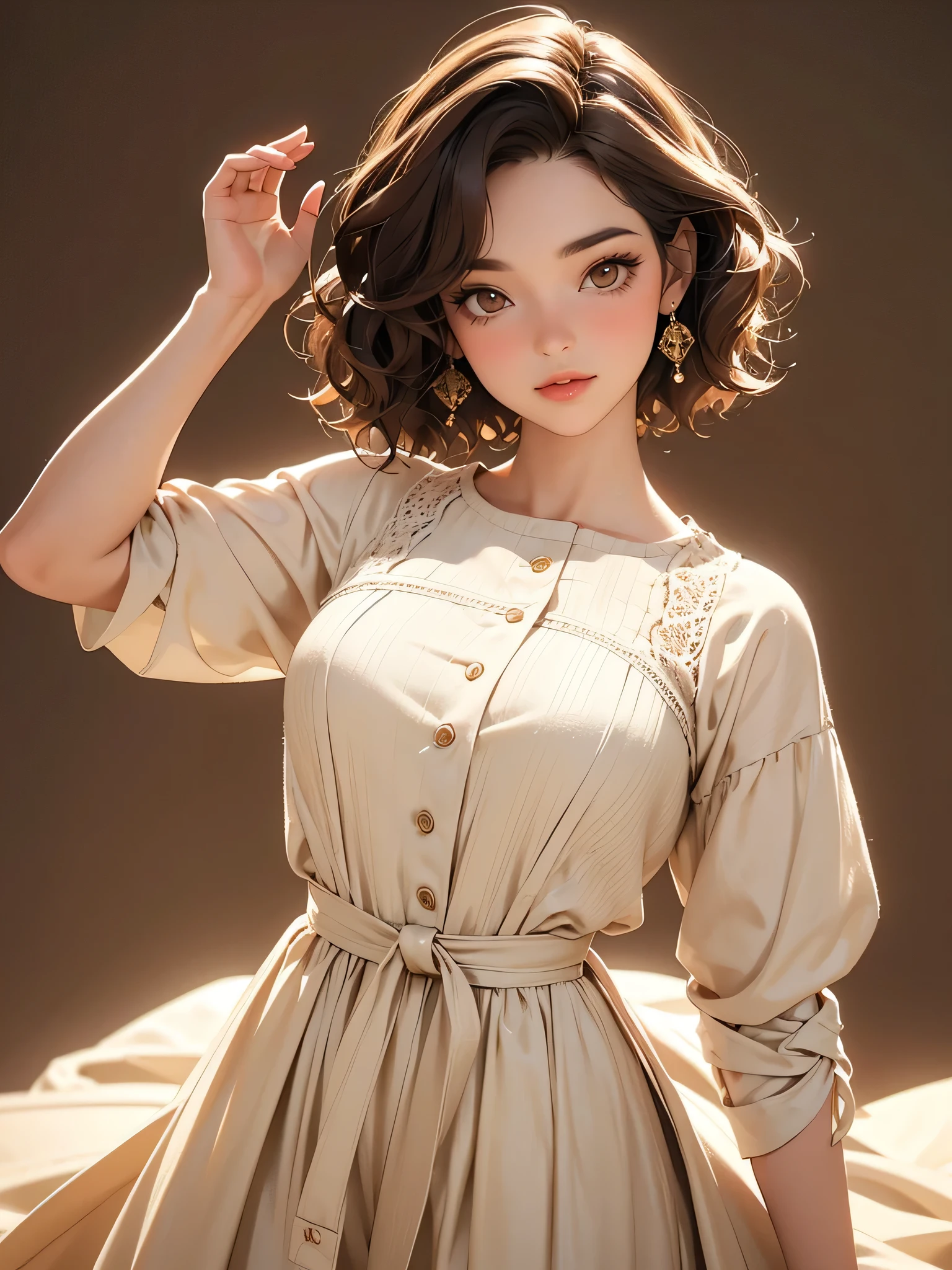 Girl, brown eyes, wavy short hair, vintage dress outfit, pose, masterpiece, 8K, 3D, brown vibes, aesthetic potrait, white color background.