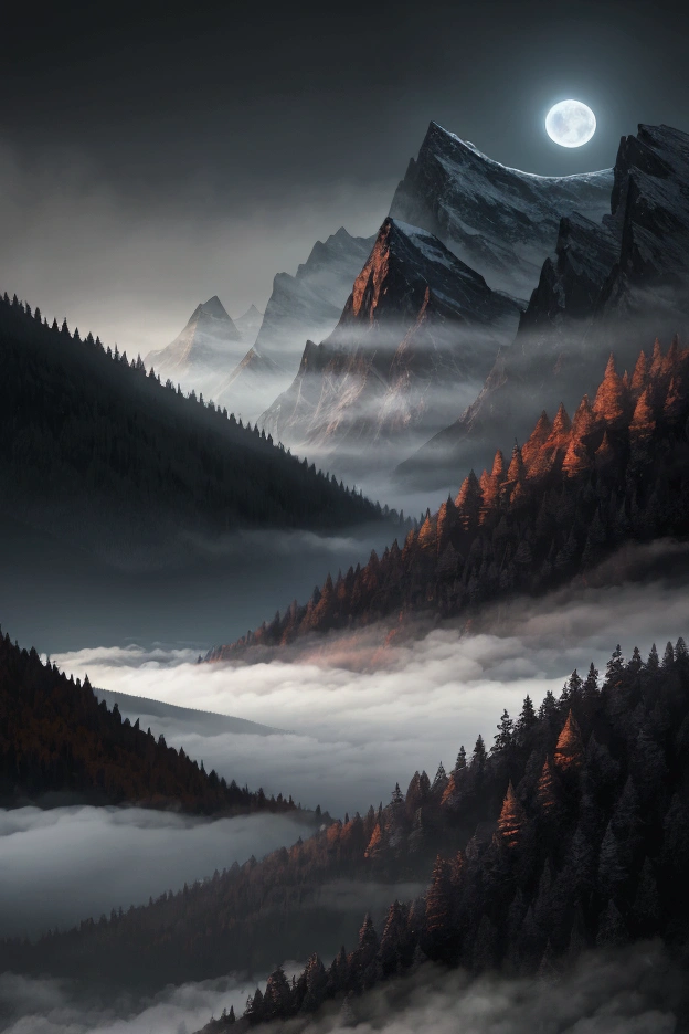 autumnal, dark misty moon night, mountainous,