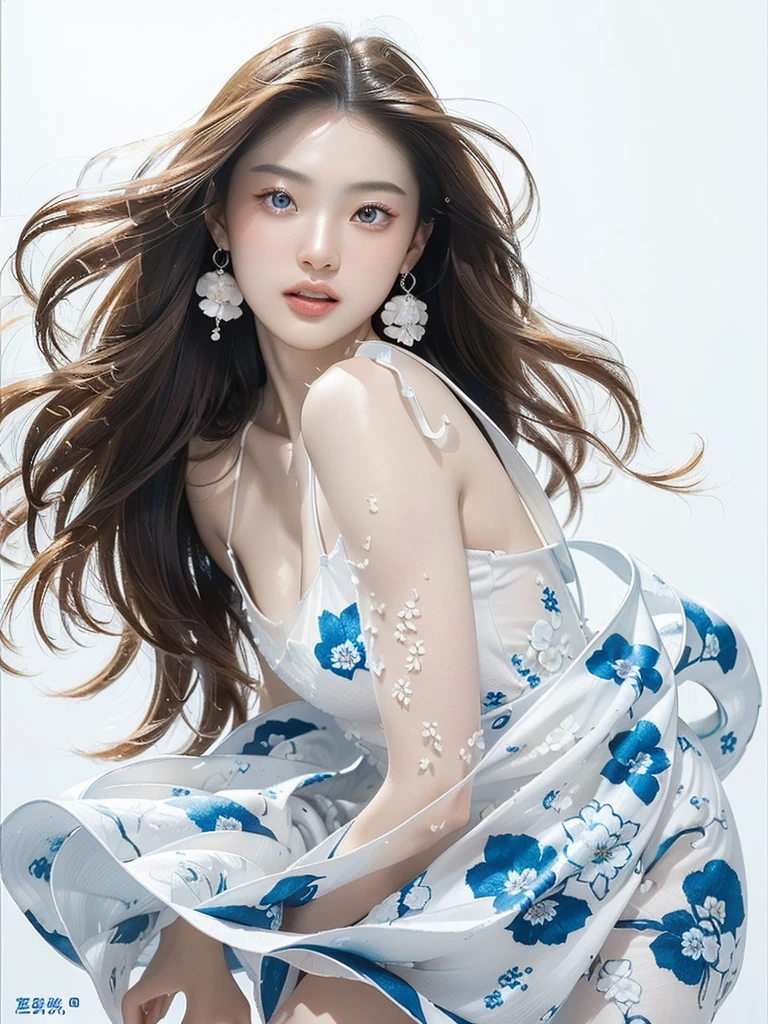 (((Very bright white background 1.5)))、(((High Key Portrait 2.0)))Professional Lighting、(((Professional Lighting 1.5)))、Translucent skin texture、Beautiful Skin、Beautiful Skin、、(((Whitening 1.5)))、、、音符のEcstasy、(((Pure white and blue floral dress 1.5)))、Profile 1.4、See-through。No bra、Mid-shot photo、Simple Earrings、((tea hair))、((Mid-length hair))、Loose wavy hair、sex appeal、Sex Appeal、Ecstasy、(((Mid-shot photo1.5))、(((Dynamic pose 1.85)))、(((sexy pose 1.85)))、(((One woman)))、