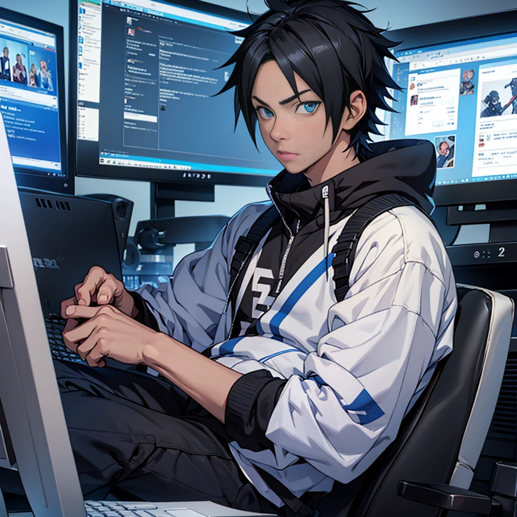 boy with black sasuke uchiha style short hair and blue eyes, sitting in front of a computer studying, with streetwear clothes, anime version, 3d, no marks on his cheek
