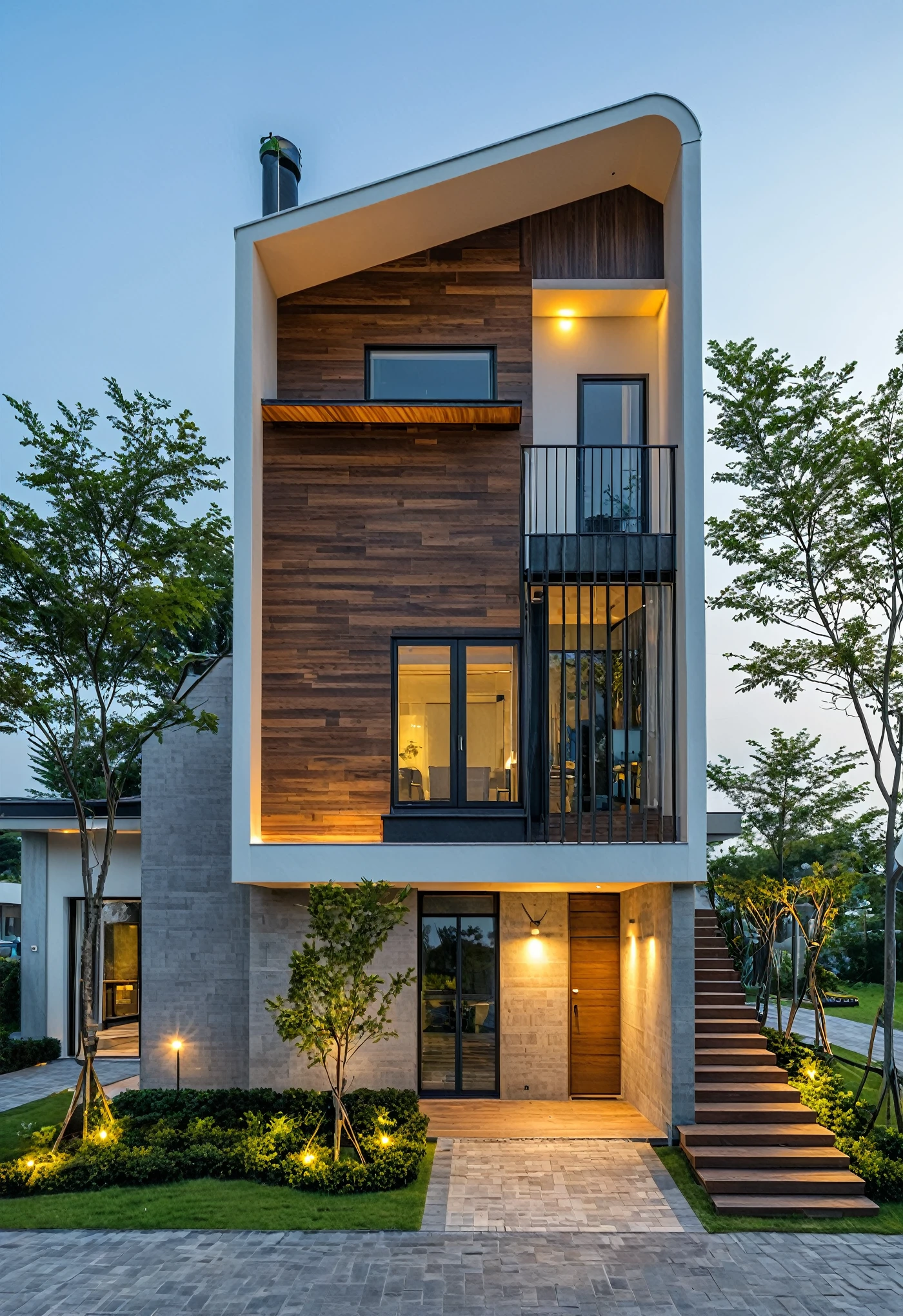 Masterpiece, high quality, best quality, authentic, super detail, outdoors, aiaigroup, house style modern on the street ,mix materials,wood, stairs ,road,pavement, grass, trees, sky, (nightlight:1.1)