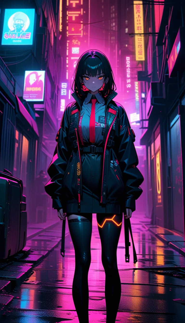 ((best quality)) , ((masterpiece)) , (detailed)，backlit photo of,  a [Libyan|Tibetan] (Simona:1.2) , Unattractive, Tie, Sublime Straps, at Twilight, Detailed illustration,Neon noir ， Cyberpunk, dark, rainy streets, neon signs, high contrast, low light, vibrant, highly detailed