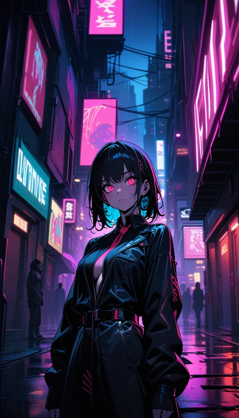 ((best quality)) , ((masterpiece)) , (detailed)，backlit photo of,  a [Libyan|Tibetan] (Simona:1.2) , Unattractive, Tie, Sublime Straps, at Twilight, Detailed illustration,Neon noir ， Cyberpunk, dark, rainy streets, neon signs, high contrast, low light, vibrant, highly detailed