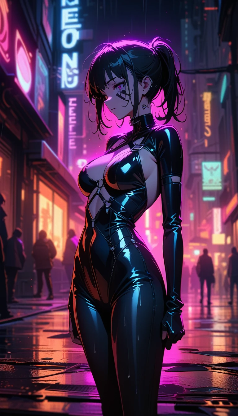 ((best quality)) , ((masterpiece)) , (detailed)，backlit photo of,  a [Libyan|Tibetan] (Simona:1.2) , Unattractive, Tie, Sublime Straps, at Twilight, Detailed illustration,Neon noir ， Cyberpunk, dark, rainy streets, neon signs, high contrast, low light, vibrant, highly detailed