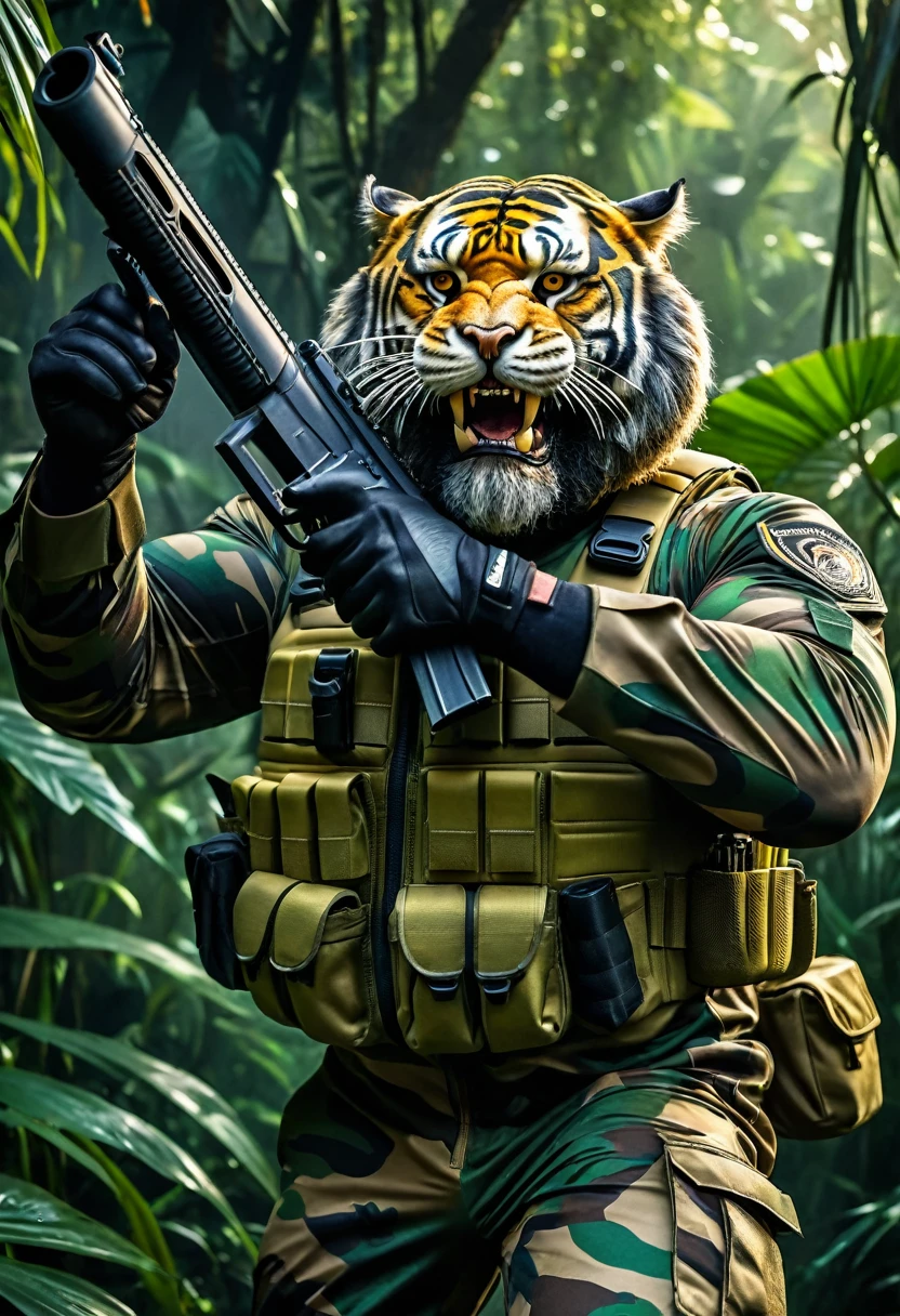 (a dark-skinned bearded fat muscular old man in a bulky army camouflage zipper diver suit) shooting with a gun, (wearing a small-sized realistic roaring tiger mask), dynamic action pose, fierce expression, showcasing an imposing stature, surrounded by military elements, dramatic shadows and intense highlights, cinematic color tones, high detail, powerful, art influenced by Bruce Onobrakpeya and Stanley Artgerm, ultra-detailed, best quality image, action-packed atmosphere, running in jungle.