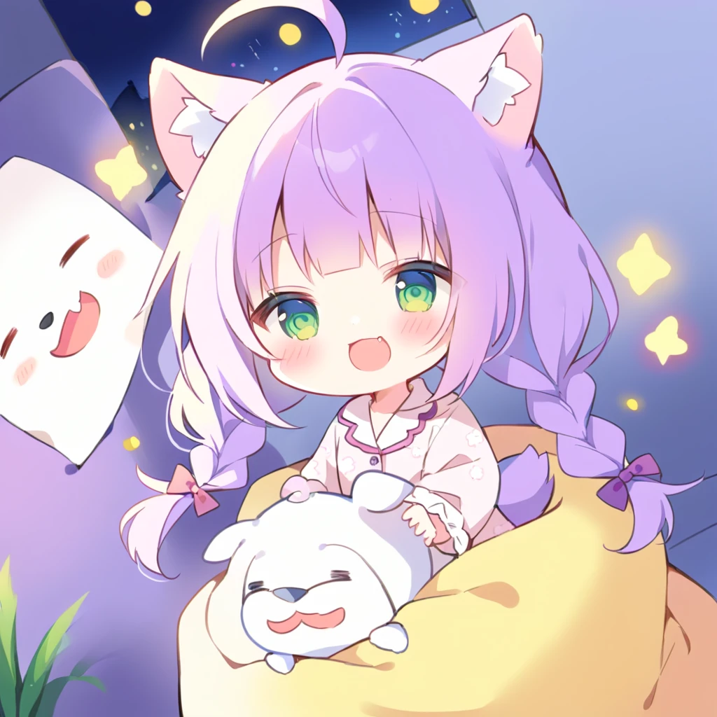 Top quality, masterpiece,a chibi girl
, peal purple and blunt bangs hair, twin braids,green eyes, eyes closed, mouth wide open and screaming, blushing, smilng,fangs,(pajamas,with Dog droopy ears and tail:1.4),night lit,bed room,