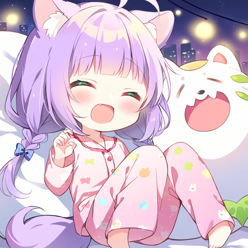 Top quality, masterpiece,a chibi girl
, peal purple and blunt bangs hair, twin braids,green eyes, eyes closed, mouth wide open and screaming, blushing, smilng,fangs,(pajamas,with Dog droopy ears and tail:1.4),night lit,bed room,