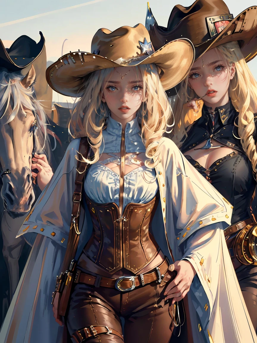 Long LIGHT BLONDE hair, brown eyes, gloss lips, front look, close up, portrait, beautiful eyes, wearing a male white suit, big white, curly hair cut, clear skin, young 30 years girl, adult girl, solo, very long hair, ankle length hair, handsome older WOMAN,Hyperresolution,accuracy,Detailed rendering,(Image of fine hair)(topquality)(Masterpieces of masters)(High degree of completeness)(A sense of atmosphere)tmasterpiece,Super detailed and super detailed(((half-body portrait)))(((Older woman))) (((Western girl))), (((Cowgirl))) (((Cowboy hat))) (((Gunslinger)))(((Better hands)))(((Brown eyes)))(((White horse)))(((Holstered gun)))(((Sheriffs daughter)))(((Corset)))