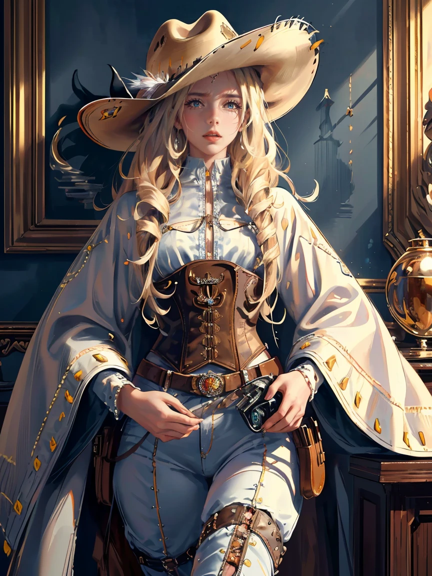 Long LIGHT BLONDE hair, brown eyes, gloss lips, front look, close up, portrait, beautiful eyes, wearing a male white suit, big white, curly hair cut, clear skin, young 30 years girl, adult girl, solo, very long hair, ankle length hair, handsome older WOMAN，Hyperresolution，accuracy，Detailed rendering,（Image of fine hair）（topquality）（Masterpieces of masters）（High degree of completeness）（A sense of atmosphere）tmasterpiece，Super detailed and super detailed（((half-body portrait)))(((Older woman))) (((Western girl))), (((Cowgirl))) (((Cowboy hat))) (((Gunslinger)))(((Better hands)))(((Brown eyes)))(((White horse)))(((Holstered gun)))(((Sheriffs daughter)))(((Corset)))