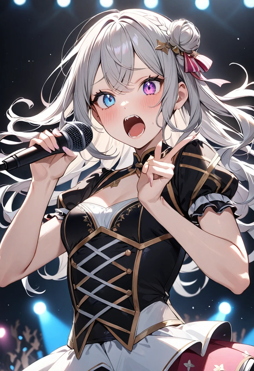 (masterpiece, top quality, very aesthetic, 4k、illustration), intricate detail, 1woman,、solo,contrapposto 、,(upper body)、(Scream),Cute、Hold the microphone、singing、shout、Random Hairstyle、Random Hair Color、,middle hair,sidelock ,Random Color eyes、idol clothes、small breasts、Slim 、